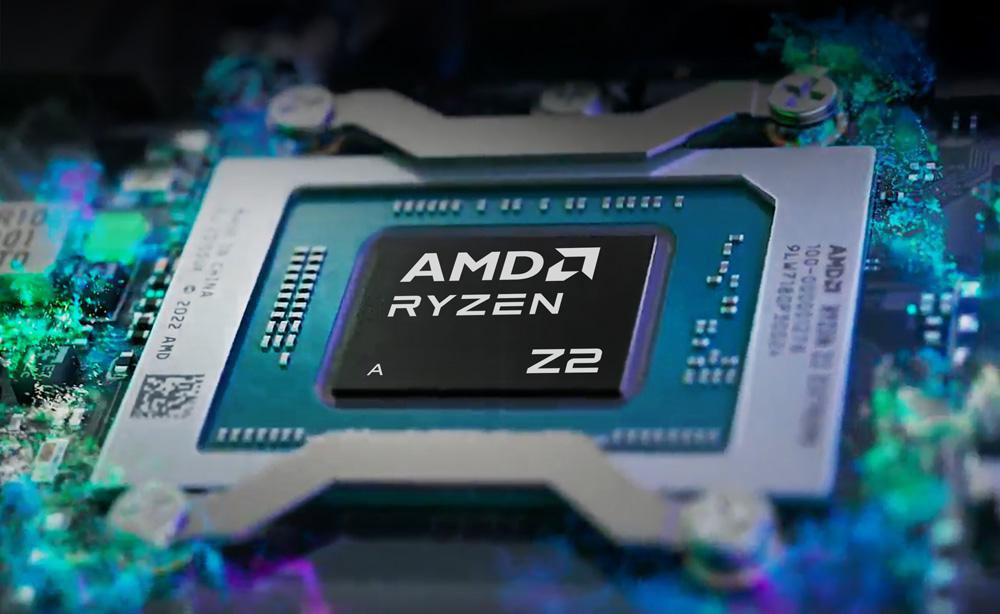Nahaufnahme eines AMD Ryzen Z2 Prozessors auf einer Leiterplatte. Der Prozessor befindet sich in der Mitte, das AMD-Logo ist sichtbar.