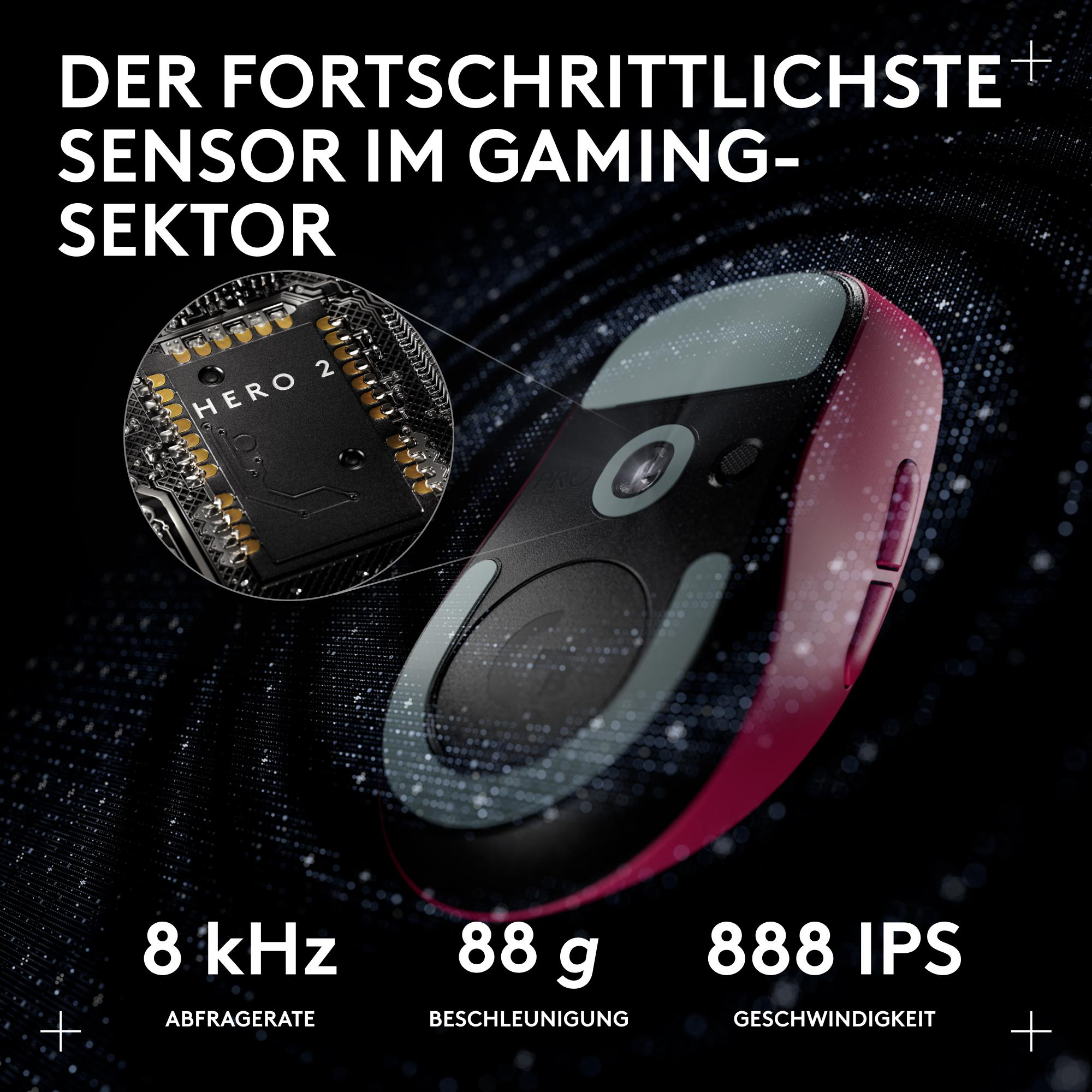 Eine Gaming-Maus mit schwarzem und rotem Design. Text-Overlay hebt Sensorfunktionen und Spezifikationen hervor, einschließlich 'HERO 2'.