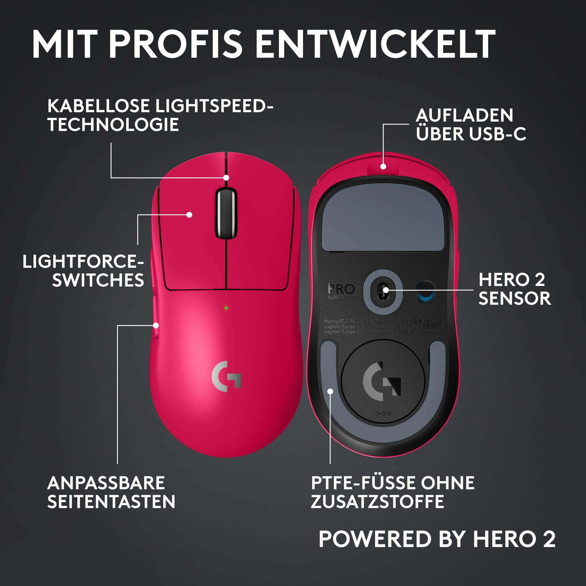 Pinke Computermaus, Ober- und Unteransicht. Merkmale sind Lightspeed-Technologie, USB-C-Aufladung, Lightforce-Schalter und Hero 2 Sensor.