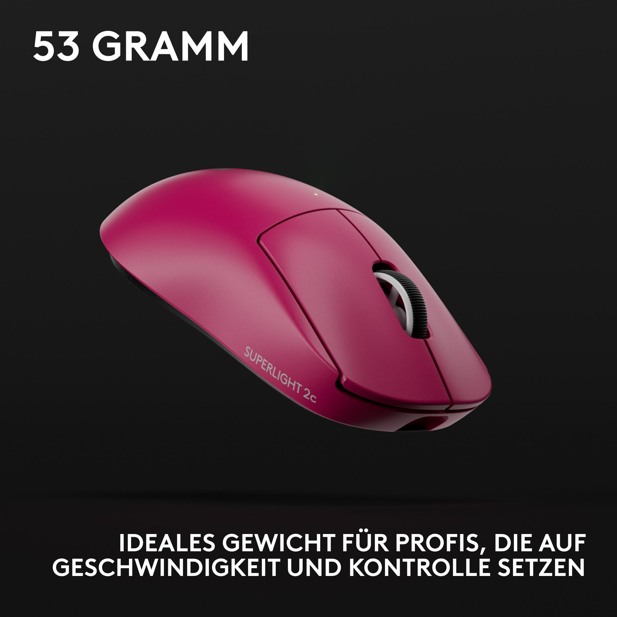 Eine pinke Computermaus mit der Aufschrift 'Superlight 2c' und dem Text '53 GRAMM' darüber. Der Hintergrund ist schwarz.