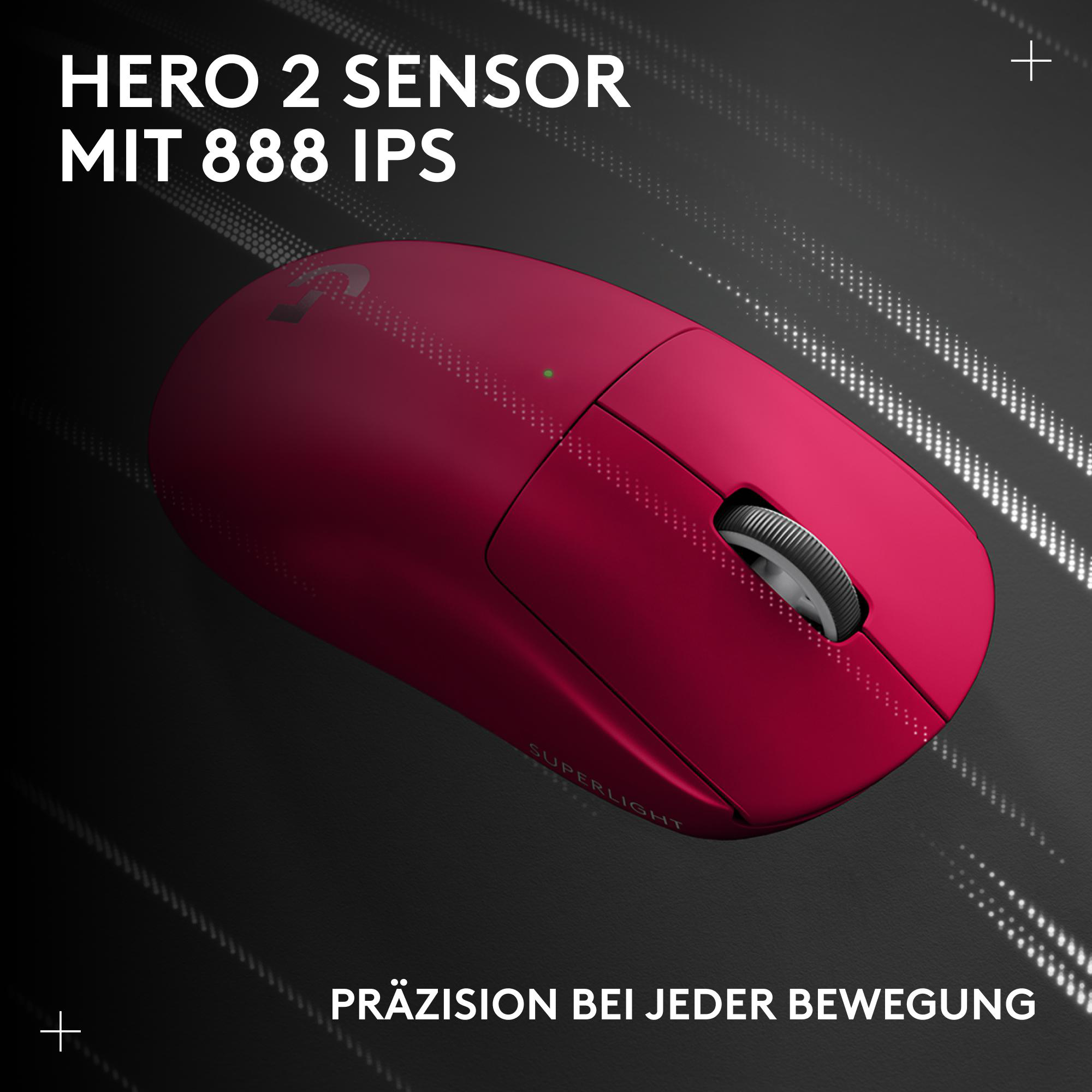 Eine rote drahtlose Maus mit einem Scrollrad auf dunklem Hintergrund. Text oben und unten. Die Maus heißt SUPERLIGHT.