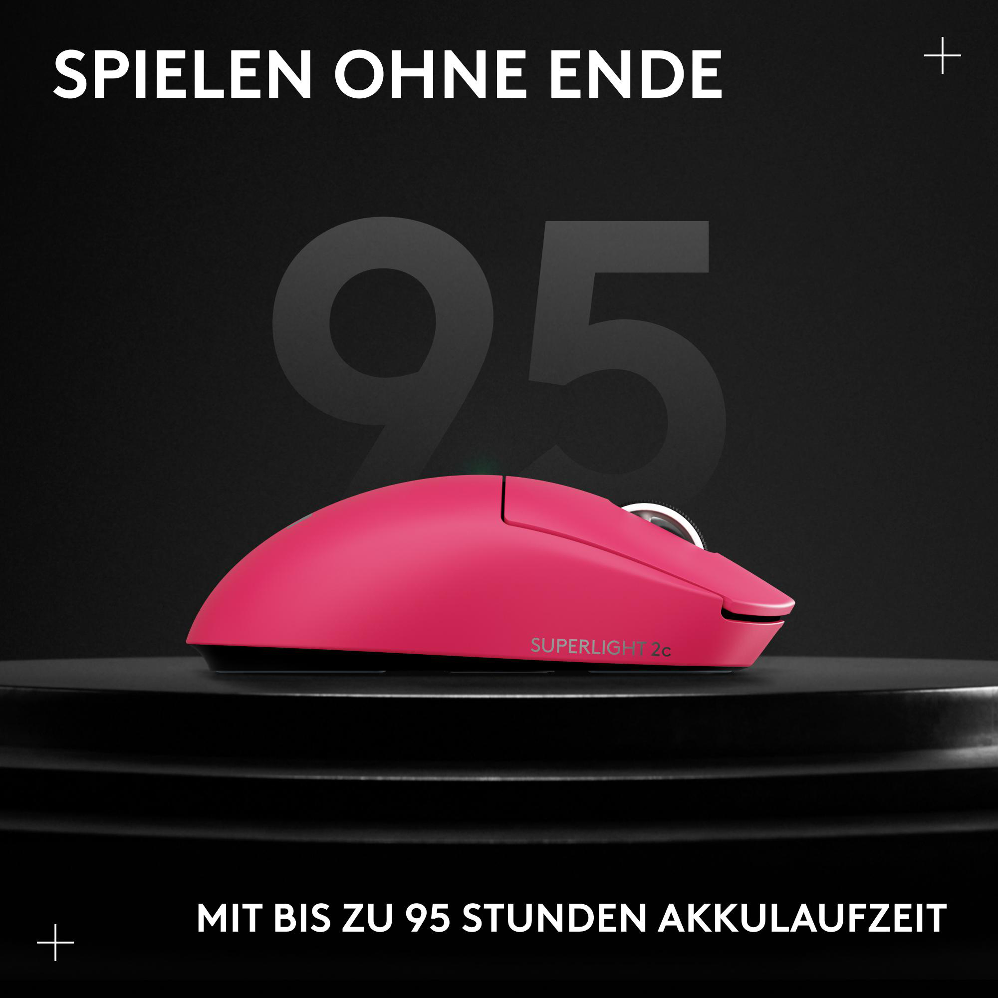 Eine pinkfarbene kabellose Maus auf einem schwarzen Podest. Der Text oben lautet 'SPIELEN OHNE ENDE'. Unten steht 'MIT BIS ZU 95 STUNDEN AKKULAUFZEIT'.