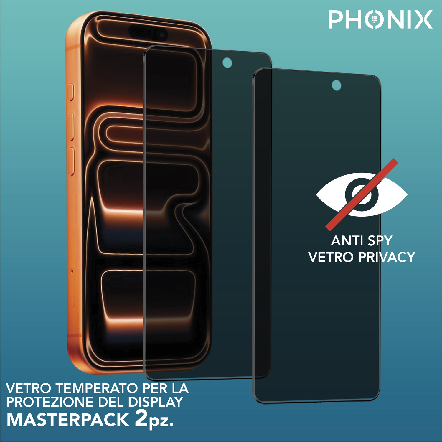 Un telefono arancione con una protezione per lo schermo. La protezione dello schermo ha una funzione anti-spia, con un simbolo dell'occhio sbarrato.