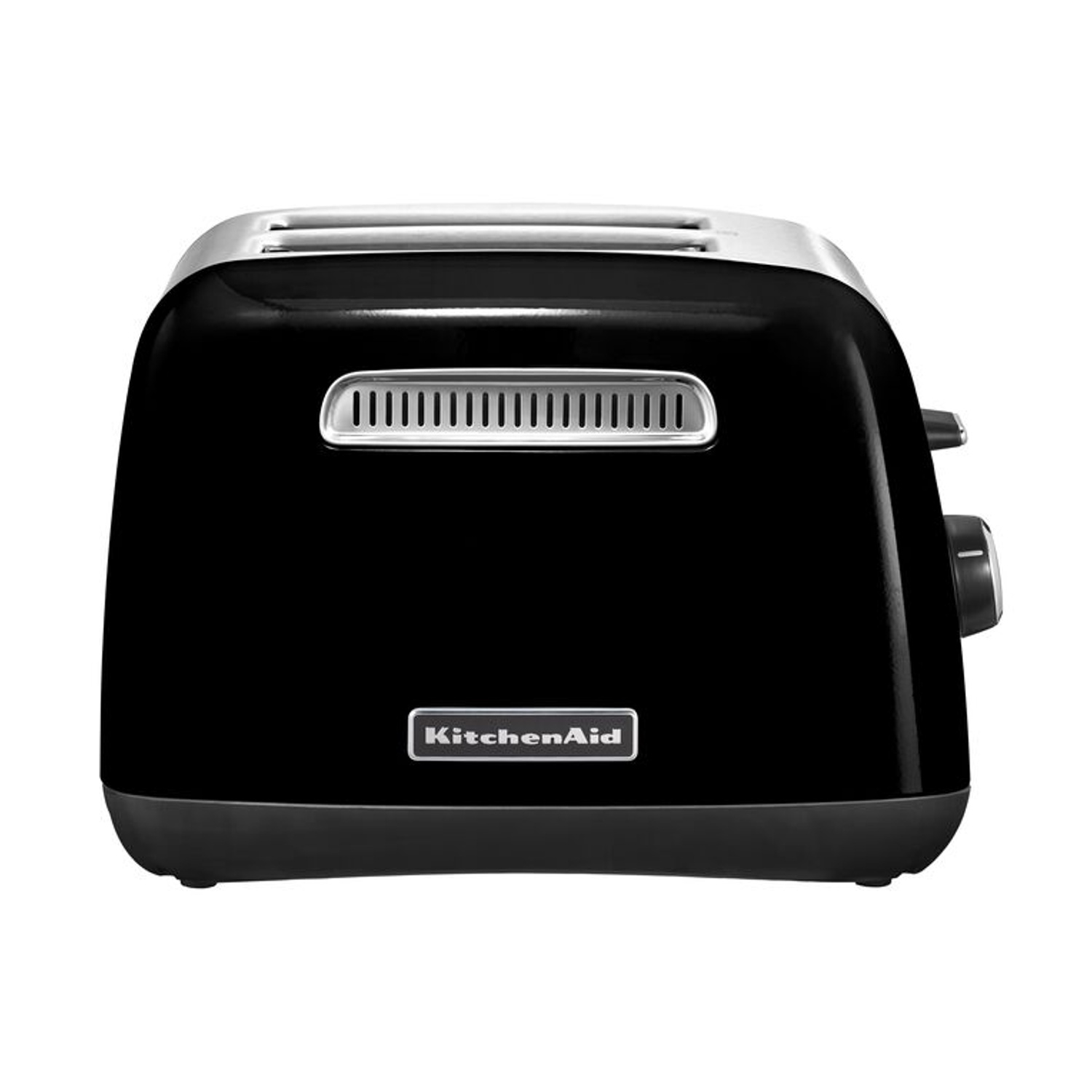 Un tostapane KitchenAid nero. Ha la parte superiore argentata, uno sfiato e un quadrante. Il marchio è visualizzato frontalmente.
