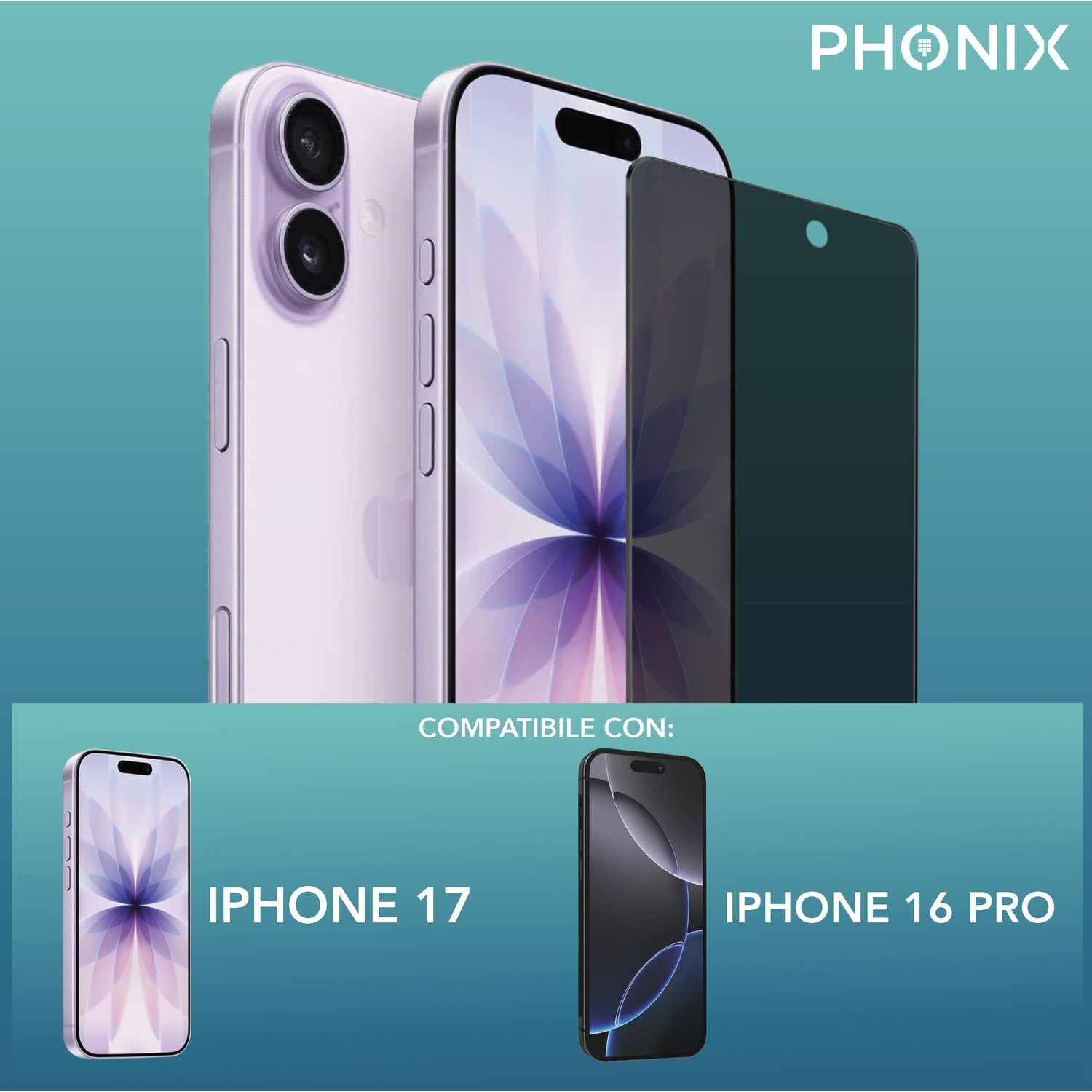 Tre smartphone, iPhone 17 e iPhone 16 Pro, su sfondo sfumato turchese, con il logo PHONIX in alto.