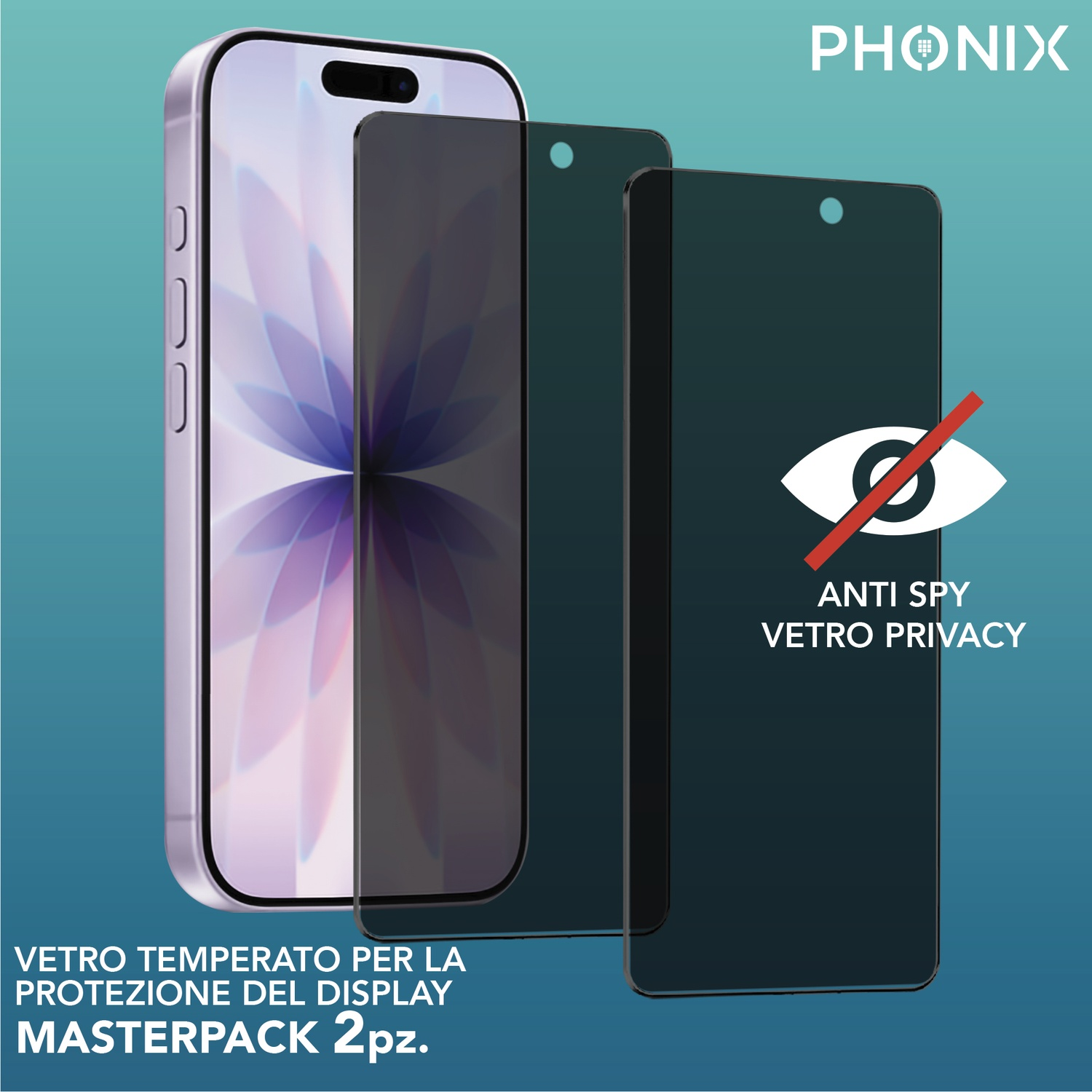 Un telefono con protezione schermo, etichettato 'Anti Spy Vetro Privacy'. Testo: Vetro temperato per la protezione del display. Masterpack 2pz.