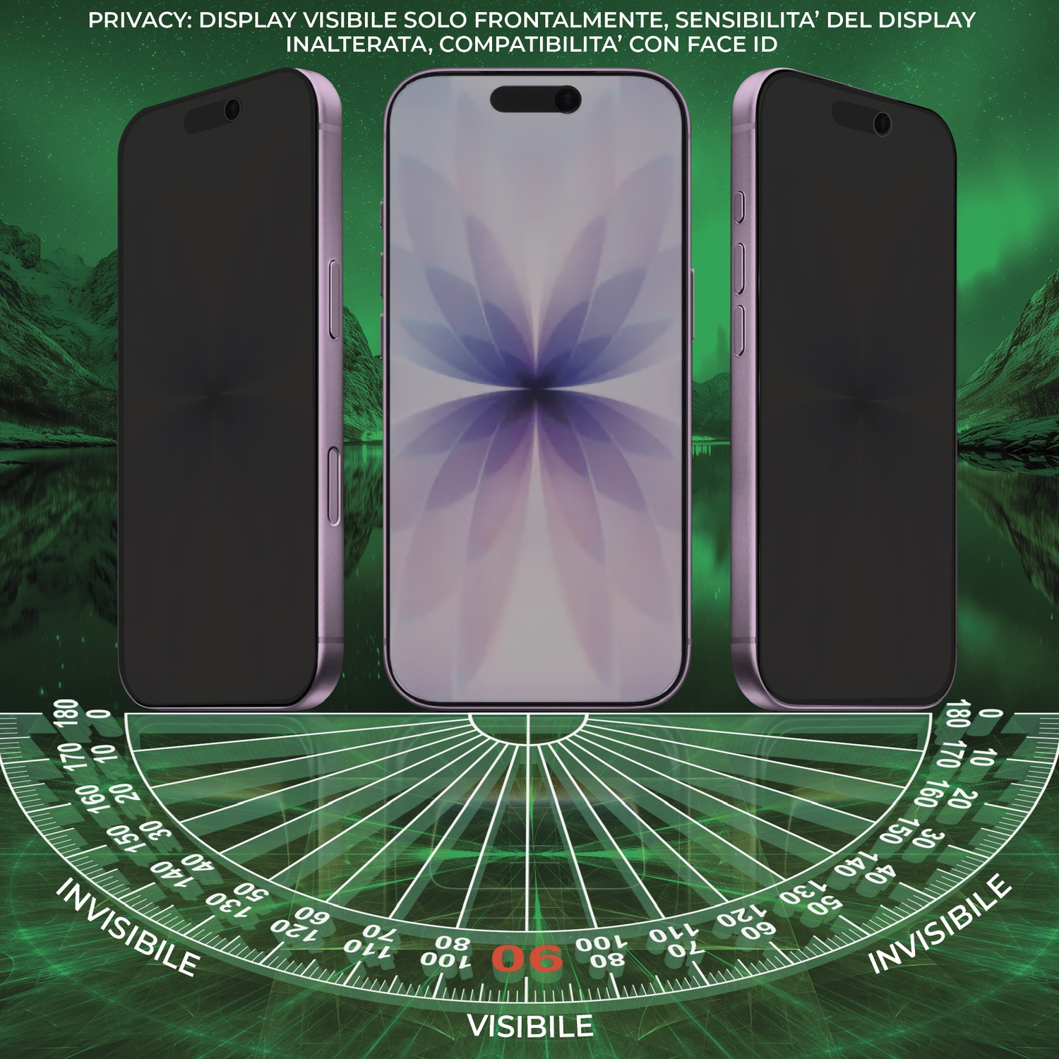 Tre smartphone con schermi privacy sono visualizzati. Il telefono centrale mostra uno schermo visibile, affiancato da due schermi scuri e invisibili.