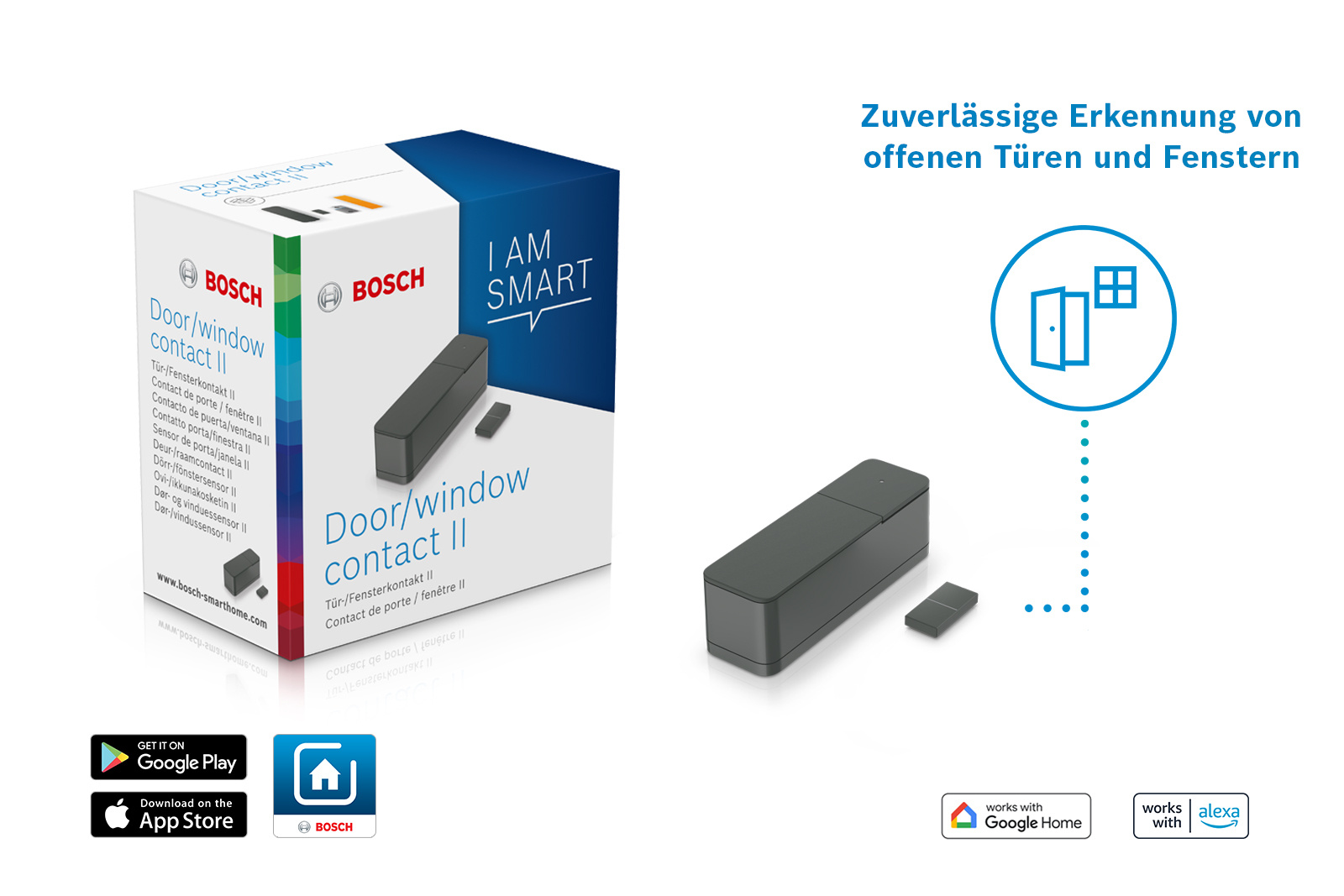 Bosch Tür-/Fensterkontakt II Produkt. Es hat einen grauen Sensor und ein kleineres passendes Teil, mit der Box im Hintergrund.
