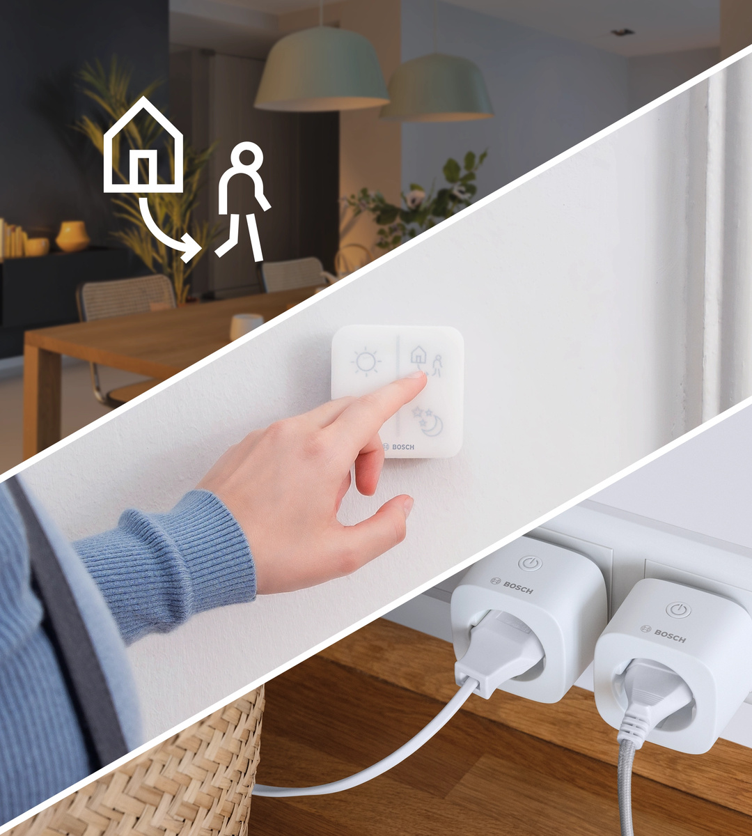Eine Hand berührt eine Smart-Home-Steuerung. Stecker stecken in Steckdosen. Die Szene umfasst einen Tisch, Lampen und einen Korb.