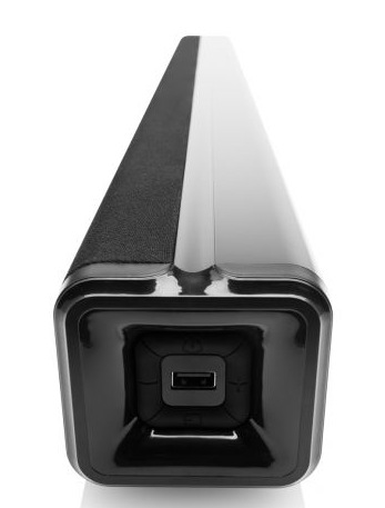 Czarny i biały soundbar z widocznym portem USB. Na górze znajduje się kratka głośnika. Dół ma błyszczące czarne wykończenie.