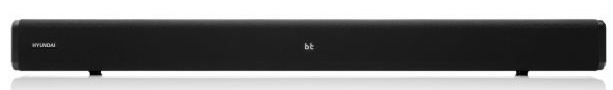 Czarny soundbar Hyundai z logo 'bt'. Znajduje się na białej powierzchni. Nazwa marki po lewej.