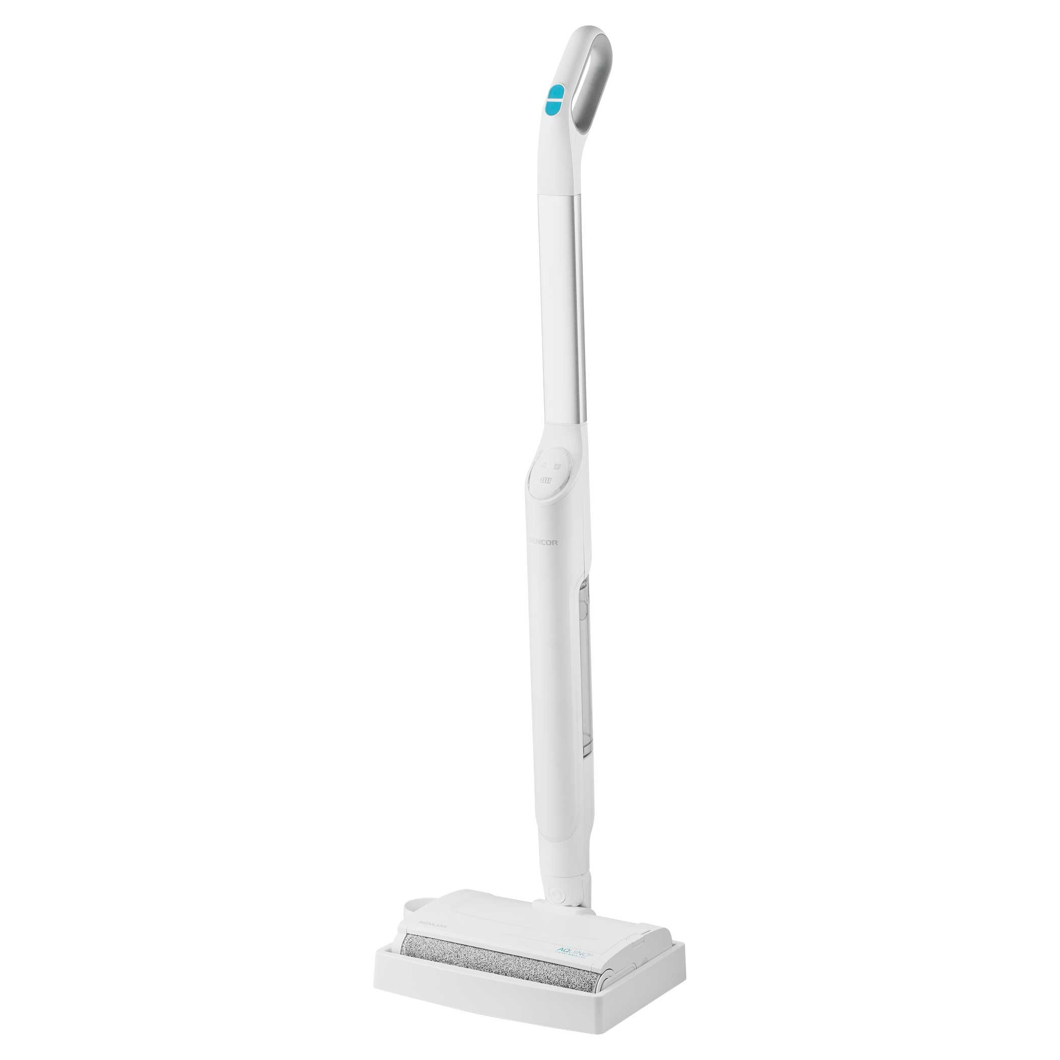 Fehér, függőleges Sencor AquaClean elektromos felmosó. Kék gombos fogantyúja, központi teste és tisztítófeje van.