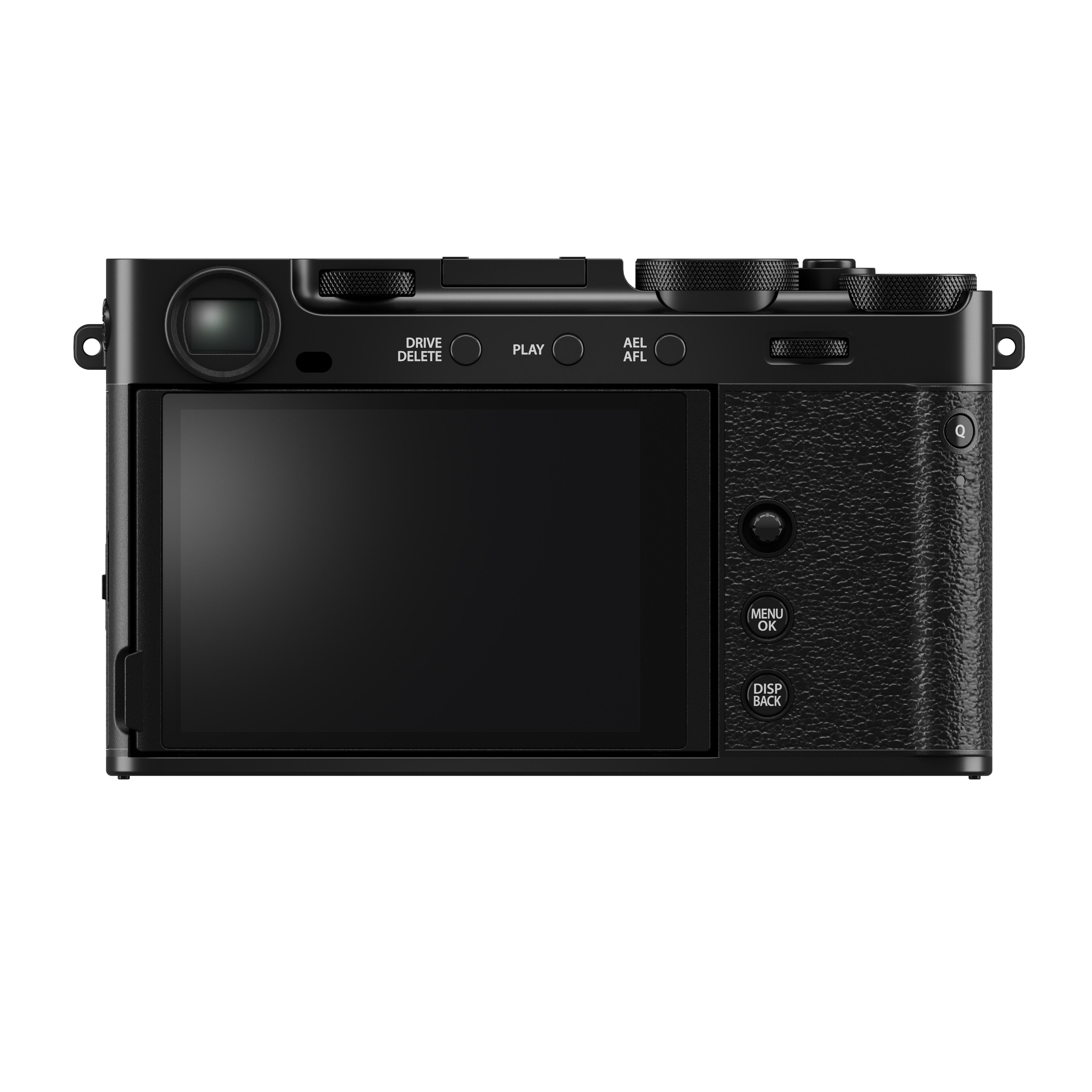 Schwarze Kamerarückseite. LCD-Bildschirm, Tasten für Antrieb, Löschen, Wiedergabe, AEL/AFL, Menü. Strukturierter Griff.