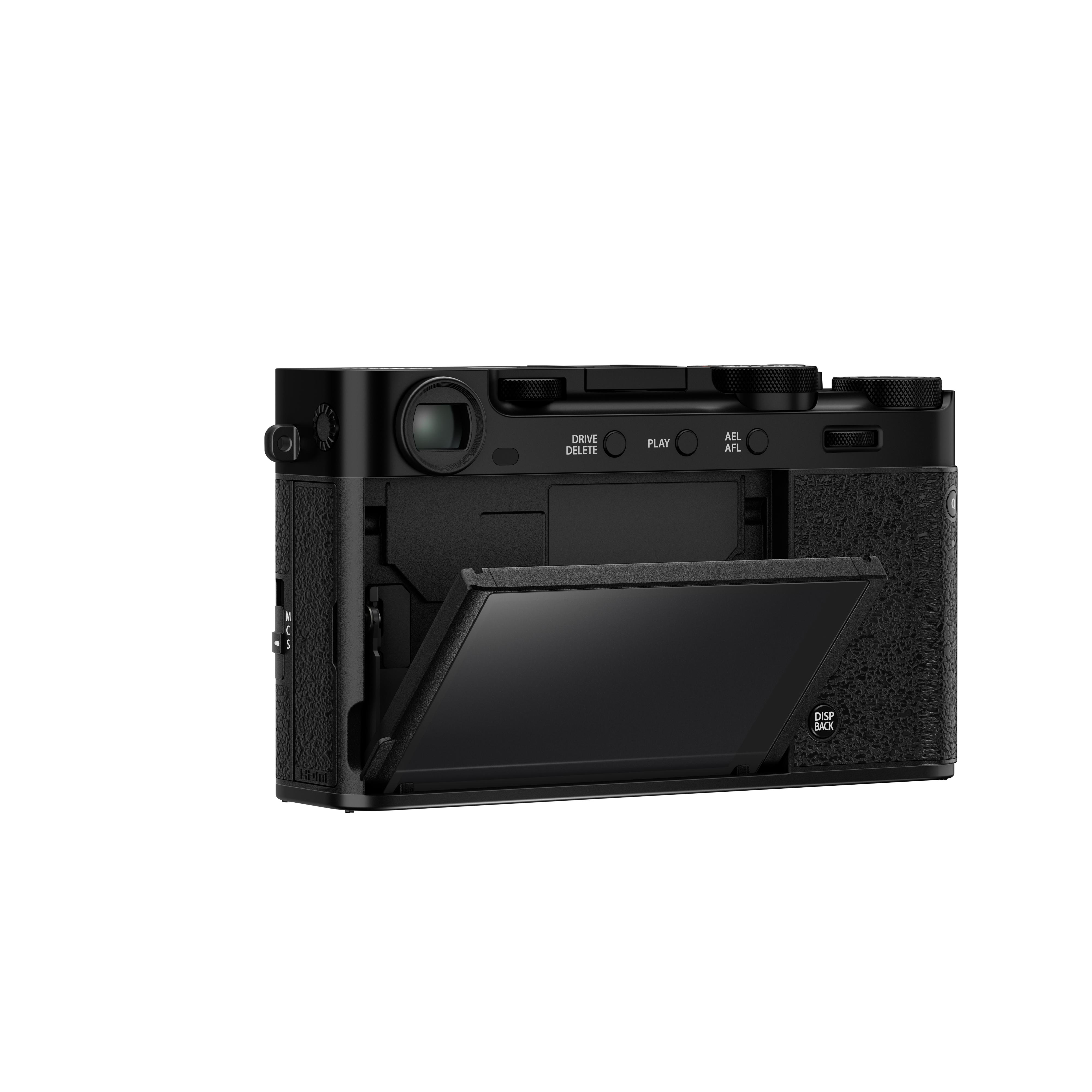 Schwarze Digitalkamera mit geöffnetem Bildschirm. Die Kamera hat mehrere Knöpfe und Räder. Der Bildschirm ist geöffnet.