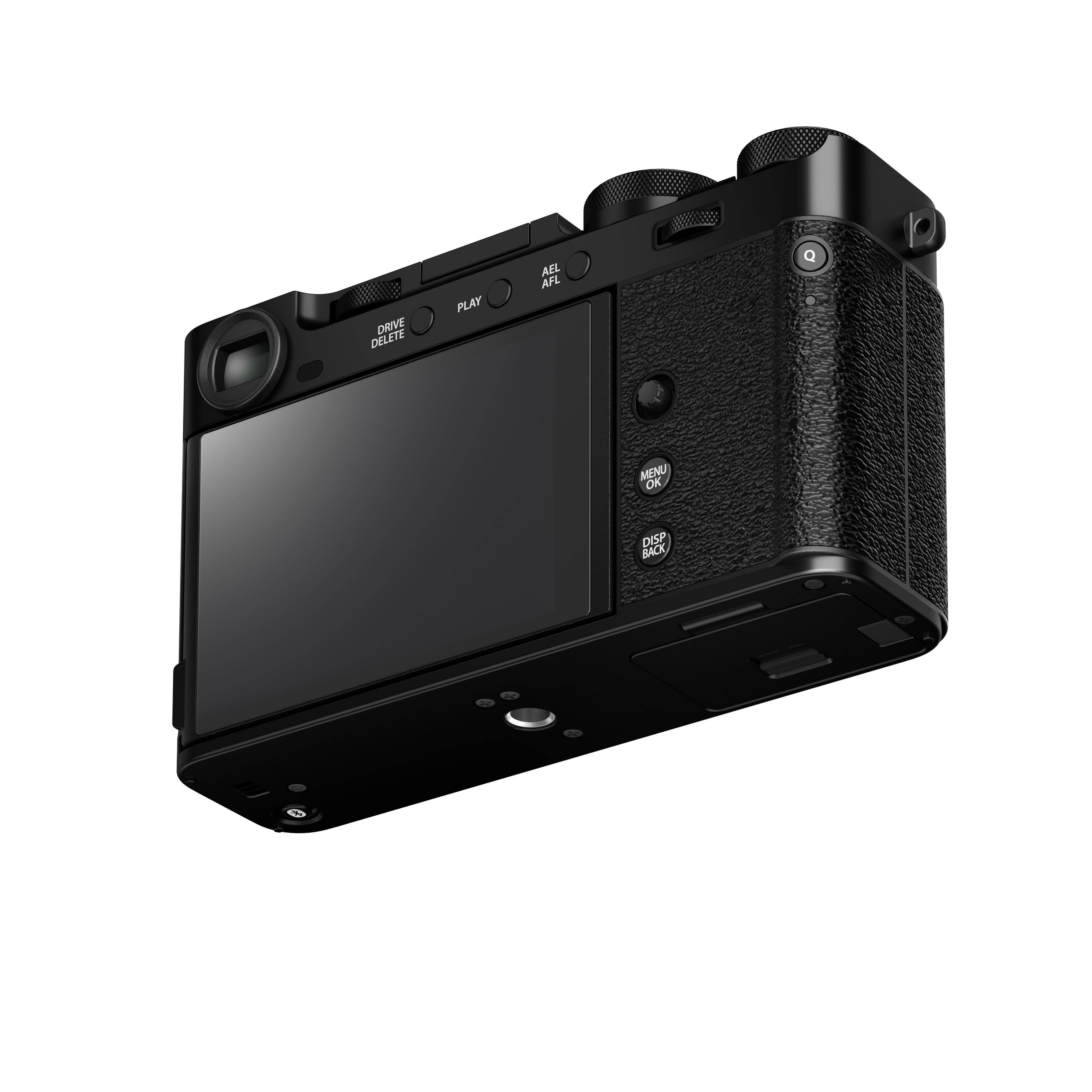 Schwarze Digitalkamera, schräge Ansicht. Mit Knöpfen, Bildschirm und strukturierter Griff. Isoliert auf weißem Hintergrund.