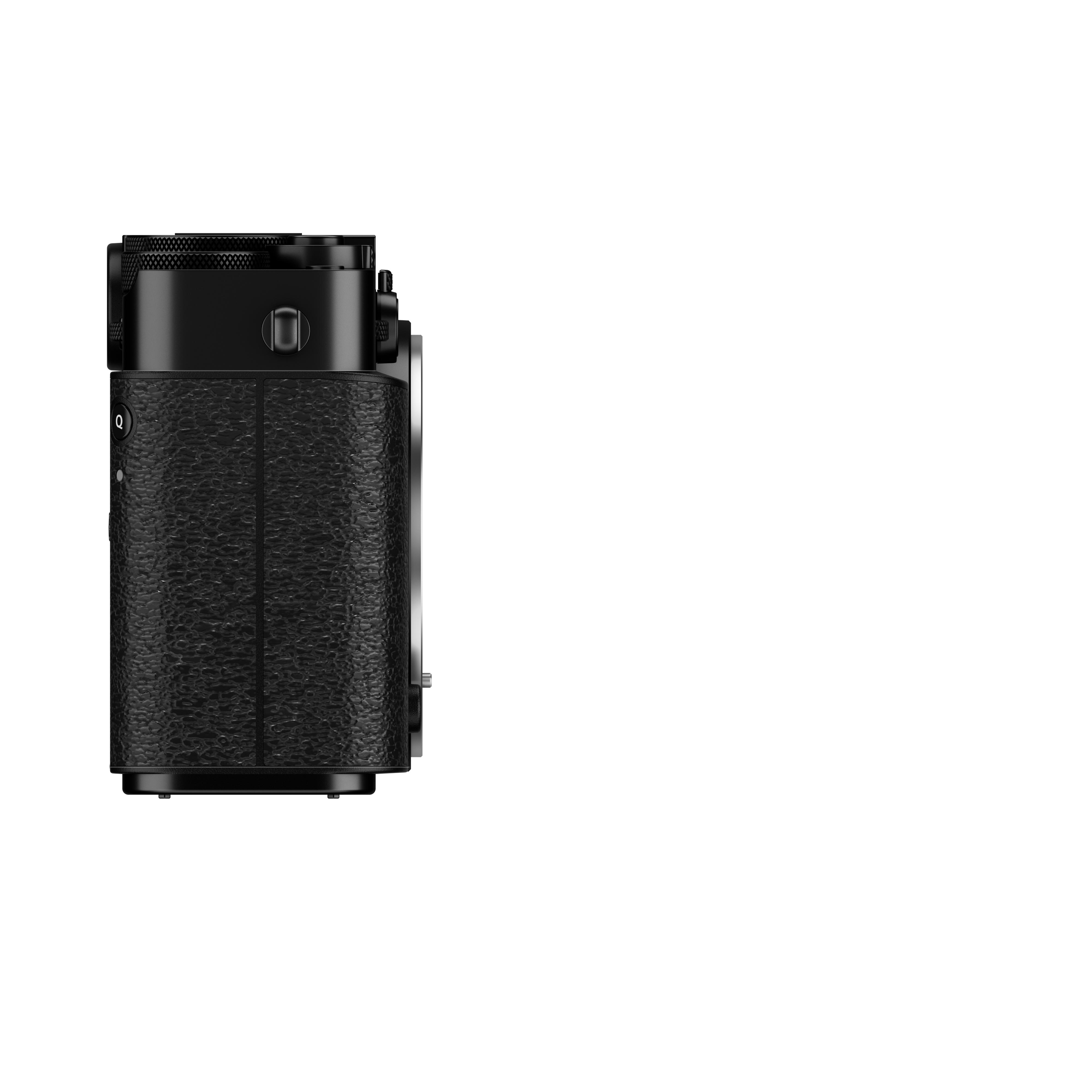 Eine schwarze Kamera von der Seite mit strukturierter Oberfläche und einigen Drehrädern. Der Hintergrund ist weiß.