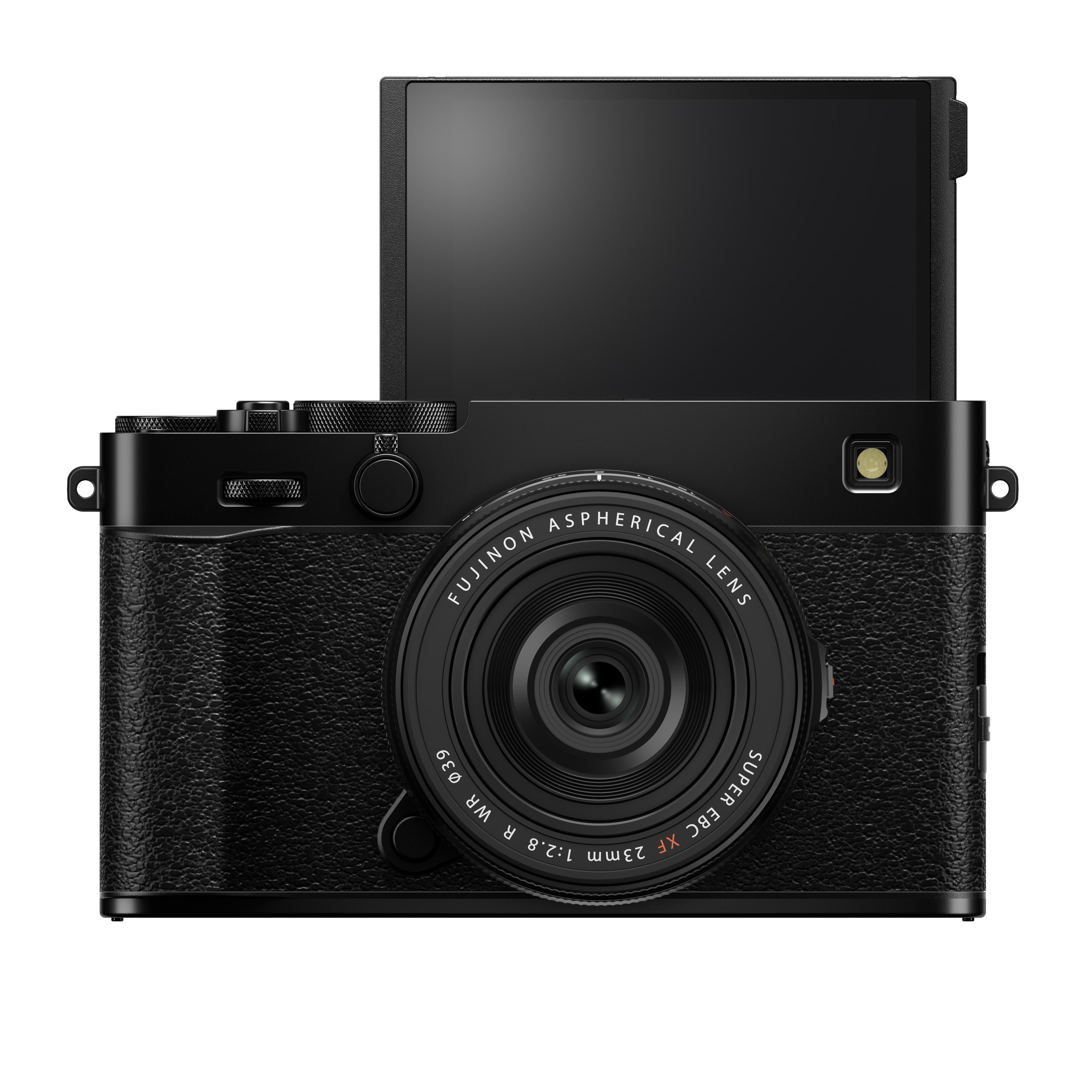Schwarze Kamera auf weißem Hintergrund. Sie hat ein Objektiv, einen Bildschirm und Knöpfe. Auf dem Objektiv steht FUJINON und 23mm.