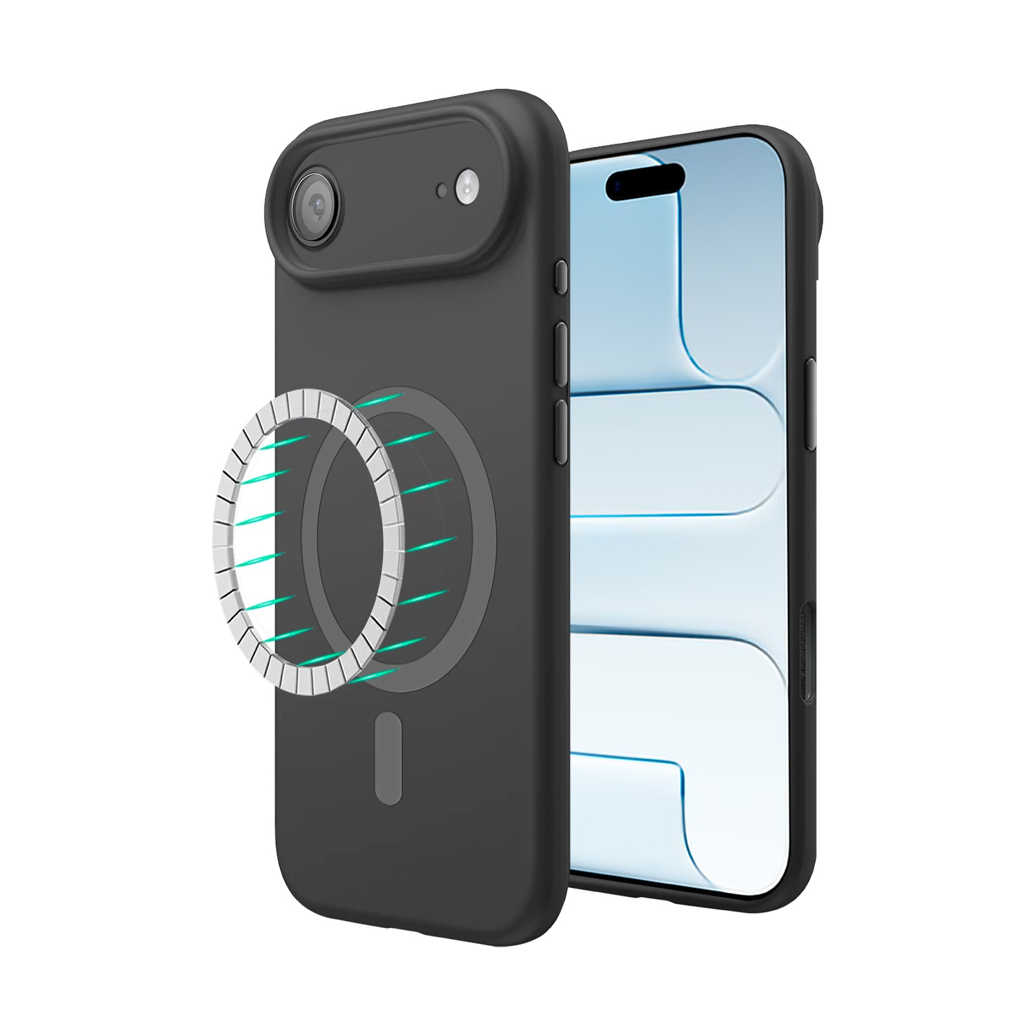 Custodia nera per telefono con telefono staccato. La custodia ha un ritaglio per la fotocamera e un anello magnetico. Lo schermo del telefono è visibile.