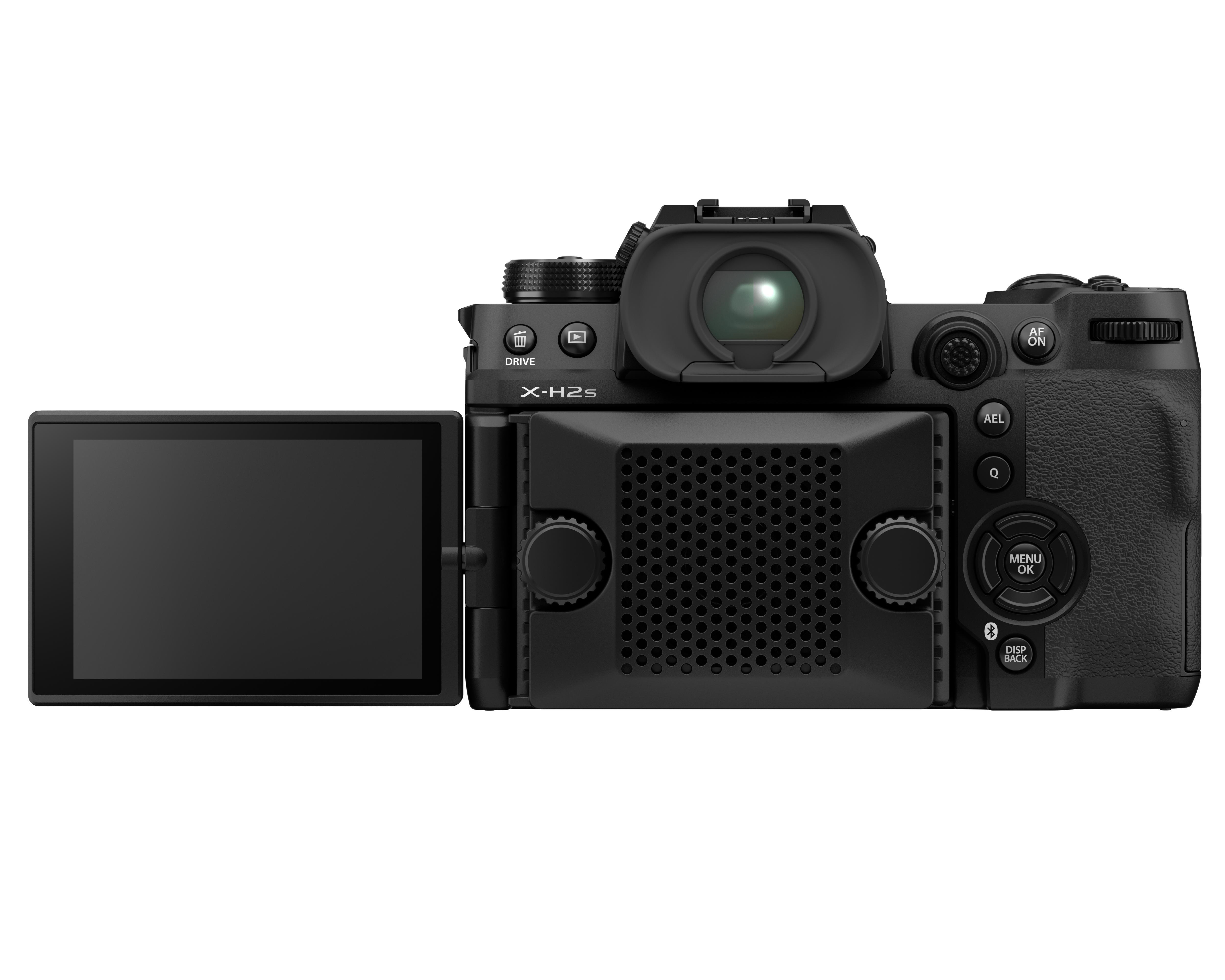 Schwarze Digitalkamera, Rückansicht. Mit Bildschirm, Knöpfen, Sucher und strukturierter Griff. Das Modell ist X-H2S.