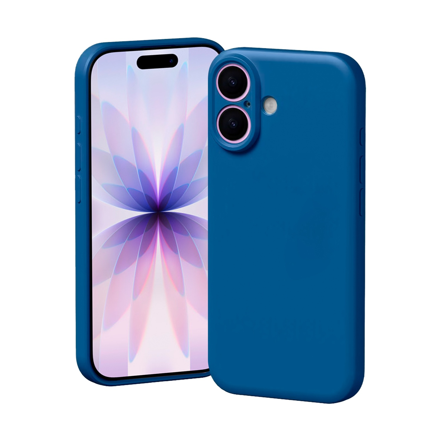 Due custodie blu per telefono, una aperta con schermo floreale, l'altra chiusa con lenti della fotocamera, entrambe su sfondo bianco.