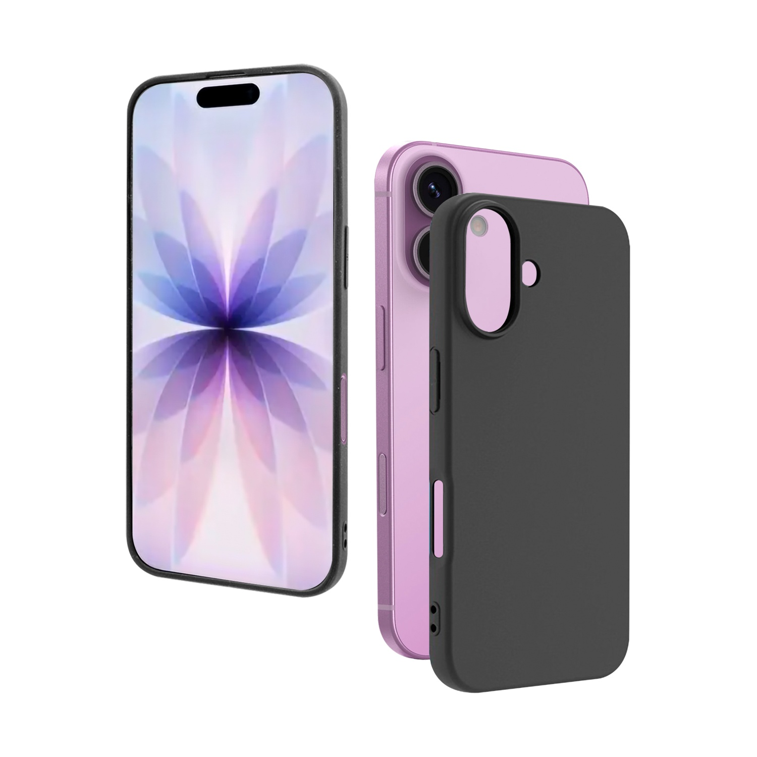 Tre smartphone: uno con schermo, uno rosa e una custodia nera. Tutti su sfondo bianco.