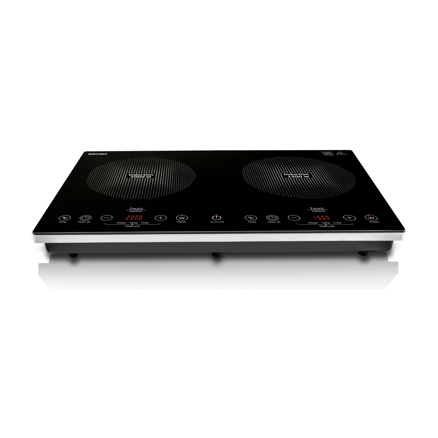 Piano cottura a induzione nero con comandi touch. Due zone cottura, display digitale e pulsanti di alimentazione. Bordo bianco e base nera.