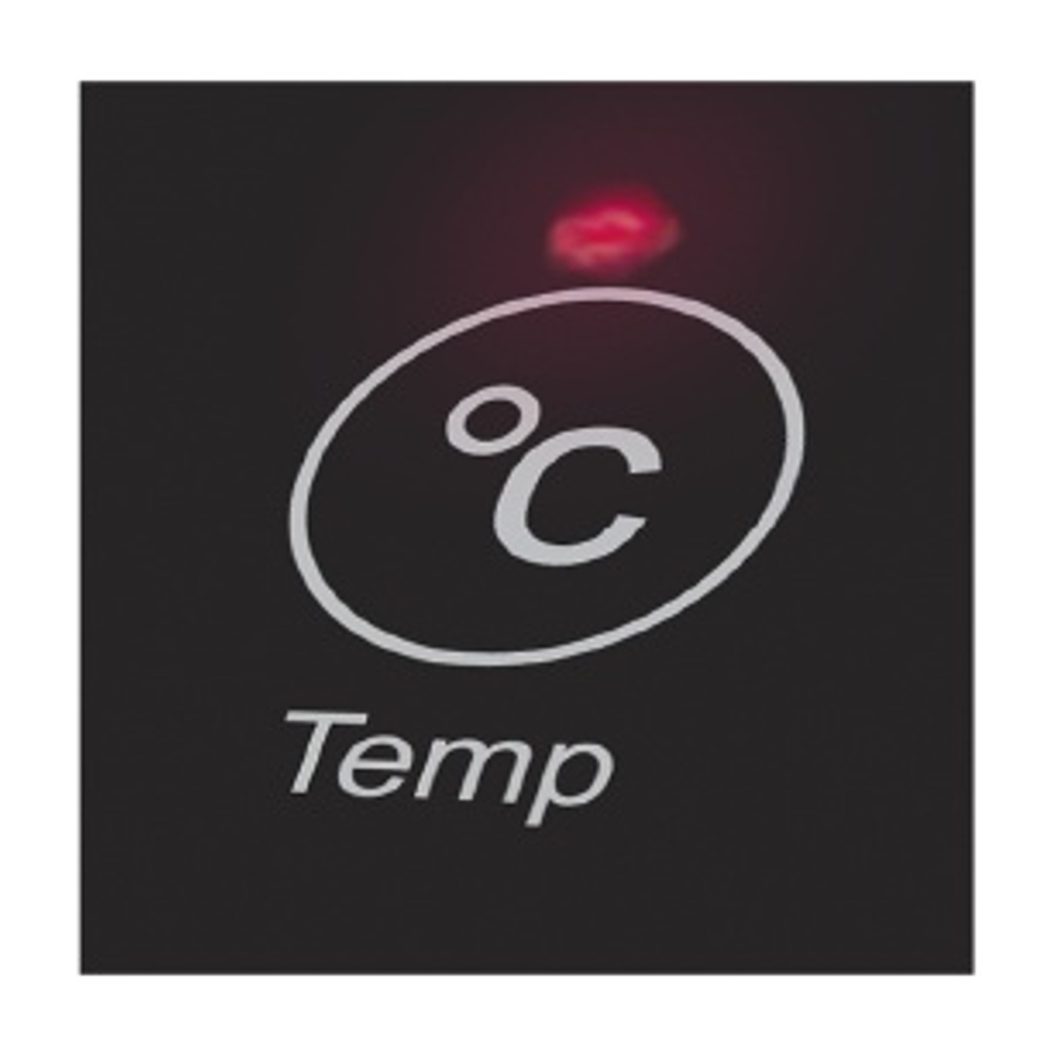 Superficie nera con un cerchio bianco contenente il simbolo °C e la parola 'Temp'. Una luce rossa è visibile sopra il cerchio.