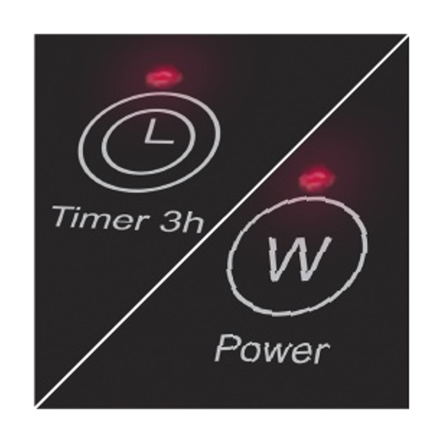 Pannello nero con due cerchi illuminati, uno con 'Timer 3h' e l'altro 'Power'. Una linea bianca divide il pannello diagonalmente.
