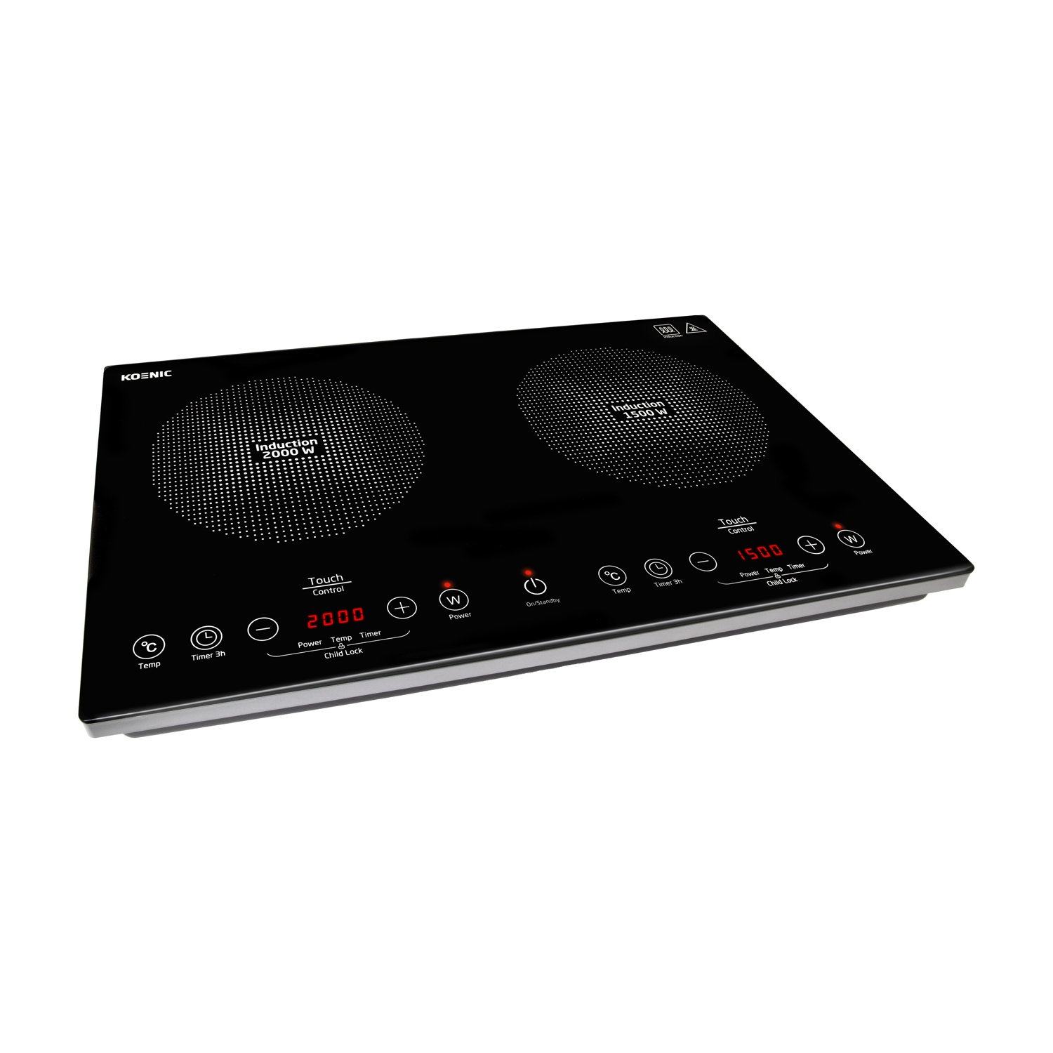 Un piano cottura a induzione Koenic nero con due fuochi, comandi touch e impostazioni di potenza. Include funzioni di temperatura e timer.