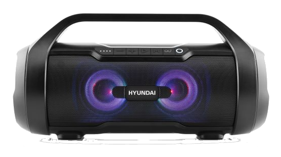 Czarny głośnik Hyundai z fioletowymi światłami. Posiada uchwyt, przyciski sterowania i logo Hyundai.
