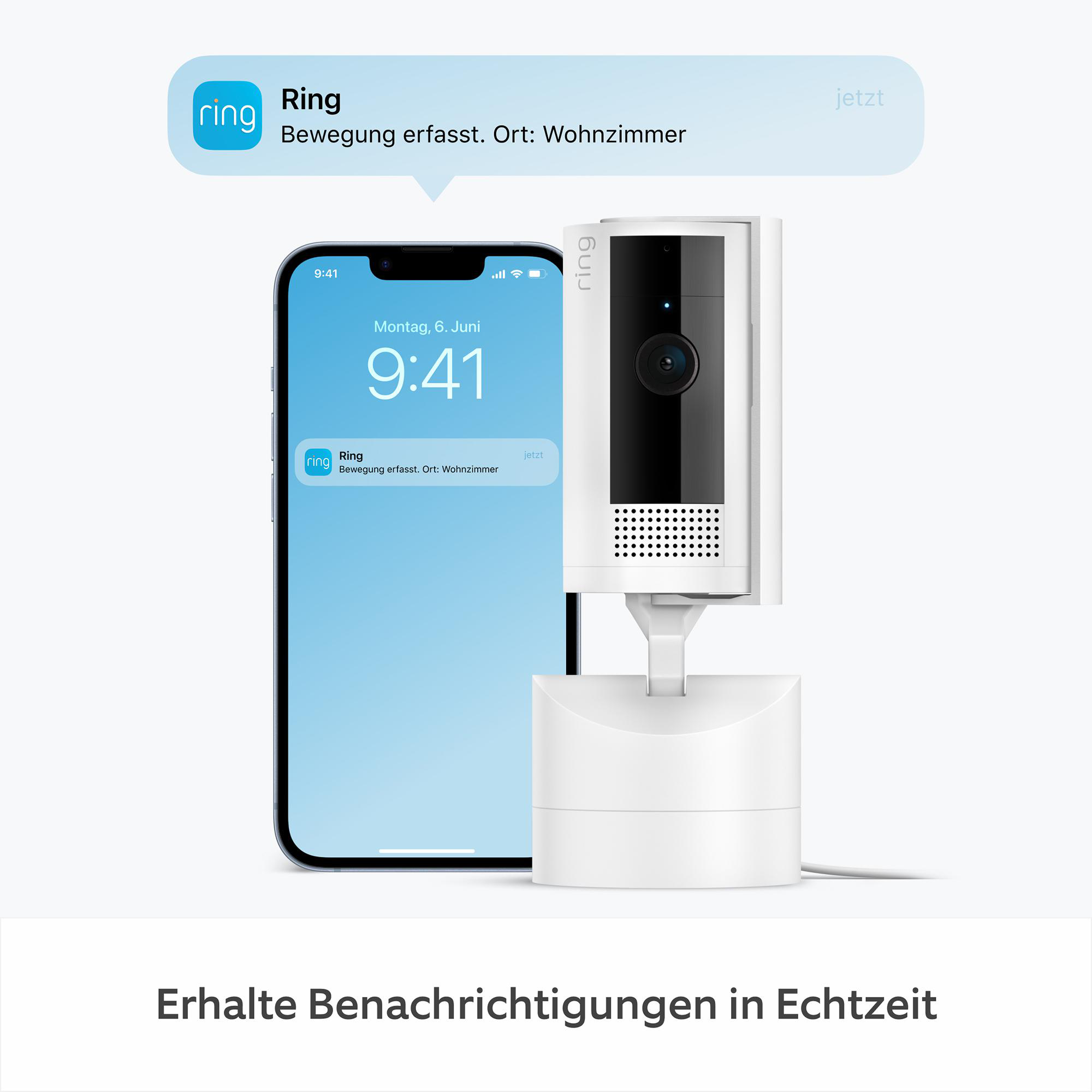 Eine Ring-Sicherheitskamera und ein Smartphone mit einer Benachrichtigung. Das Telefon zeigt Zeit und Datum.