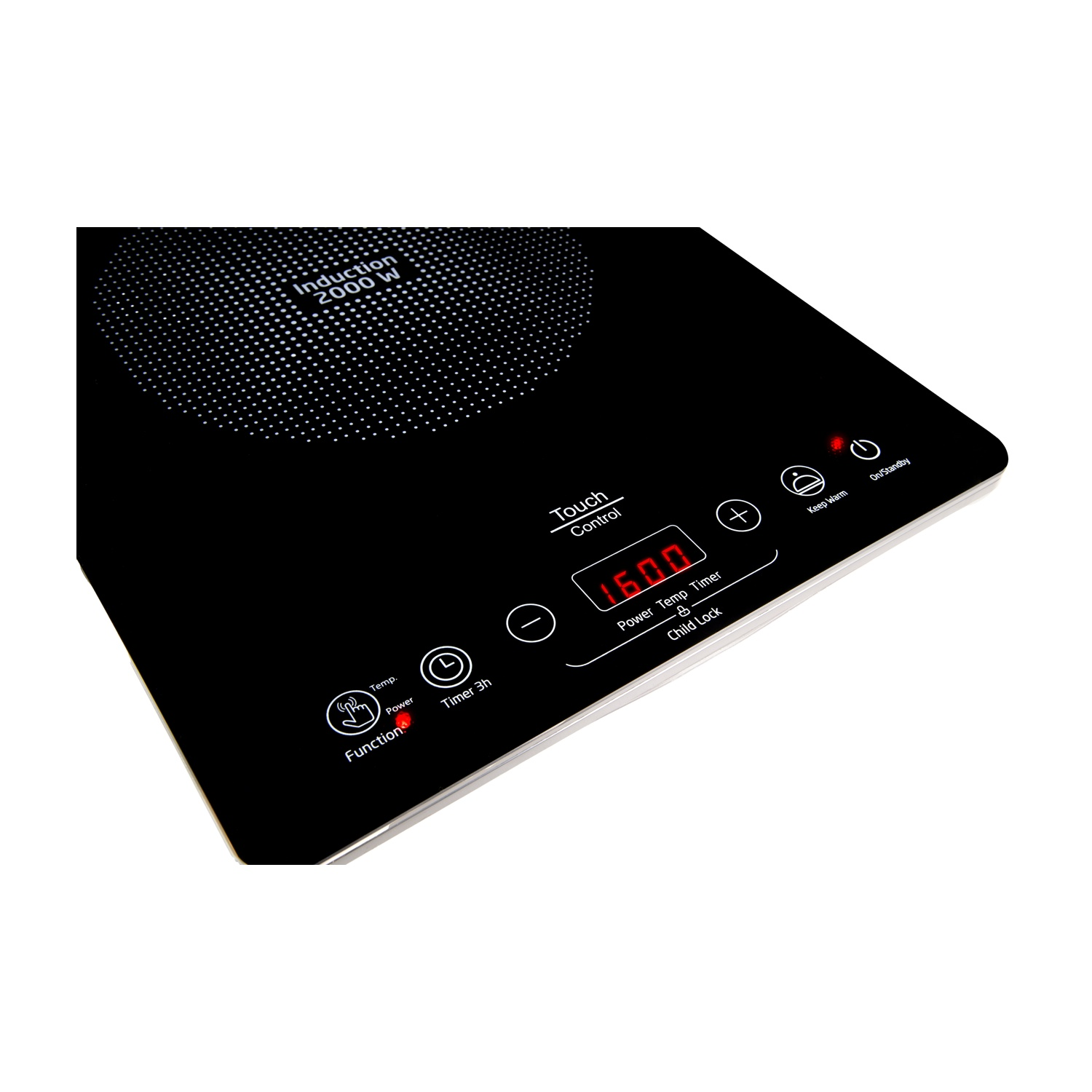 Piano cottura a induzione nero con display digitale che mostra 1600. Offre comandi touch, potenza, temperatura, timer e blocco bambini.