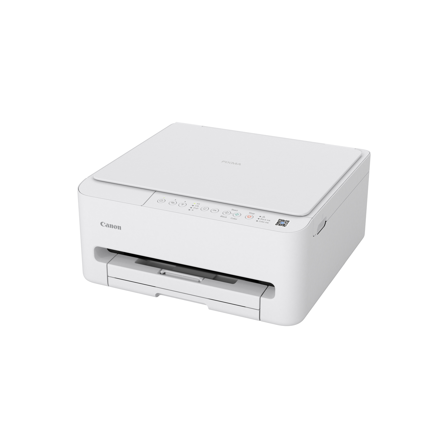 Een witte Canon Pixma printer op een witte achtergrond. De printer staat iets schuin en toont de boven-, voor- en zijkant.