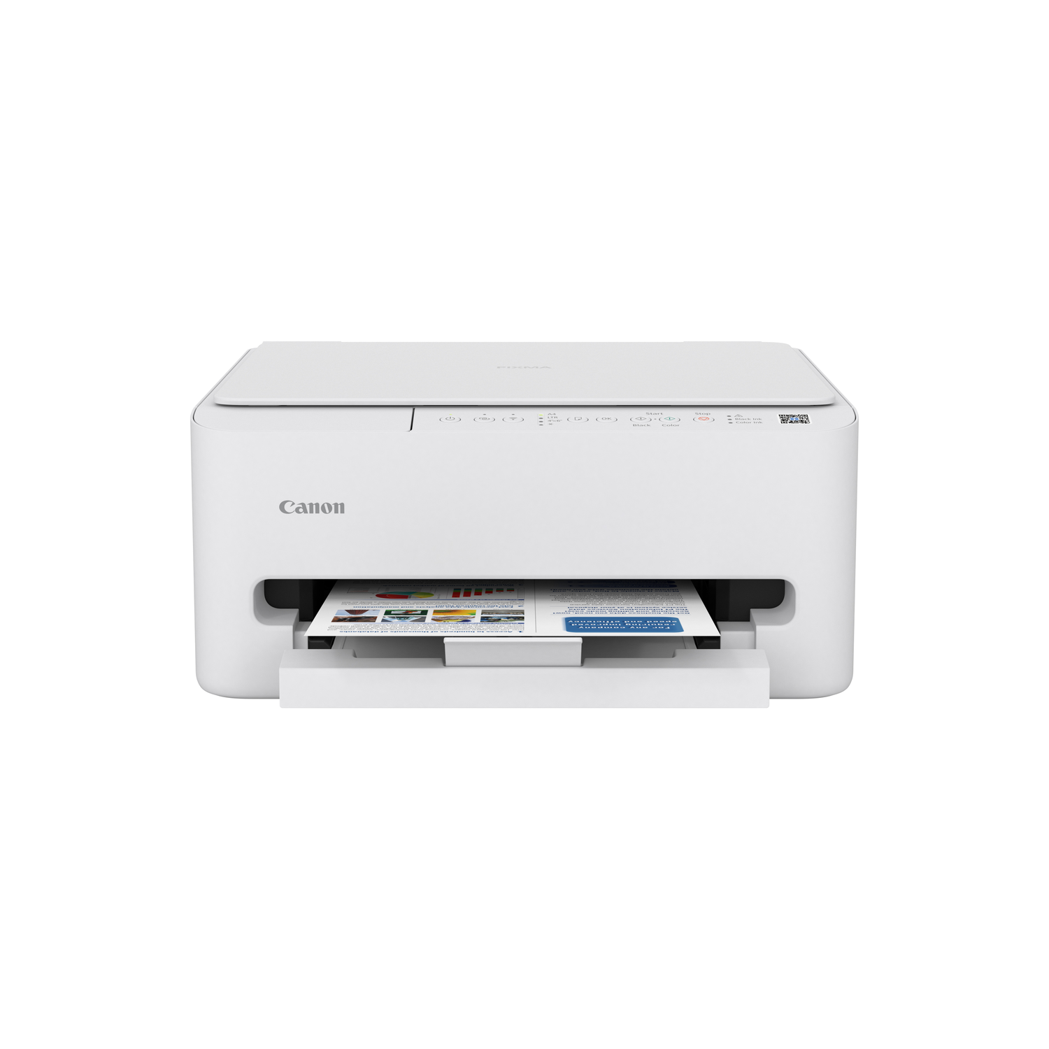 Een witte Canon-printer wordt getoond, met een afgedrukt document in de uitvoerlade. De printer staat op een witte achtergrond.