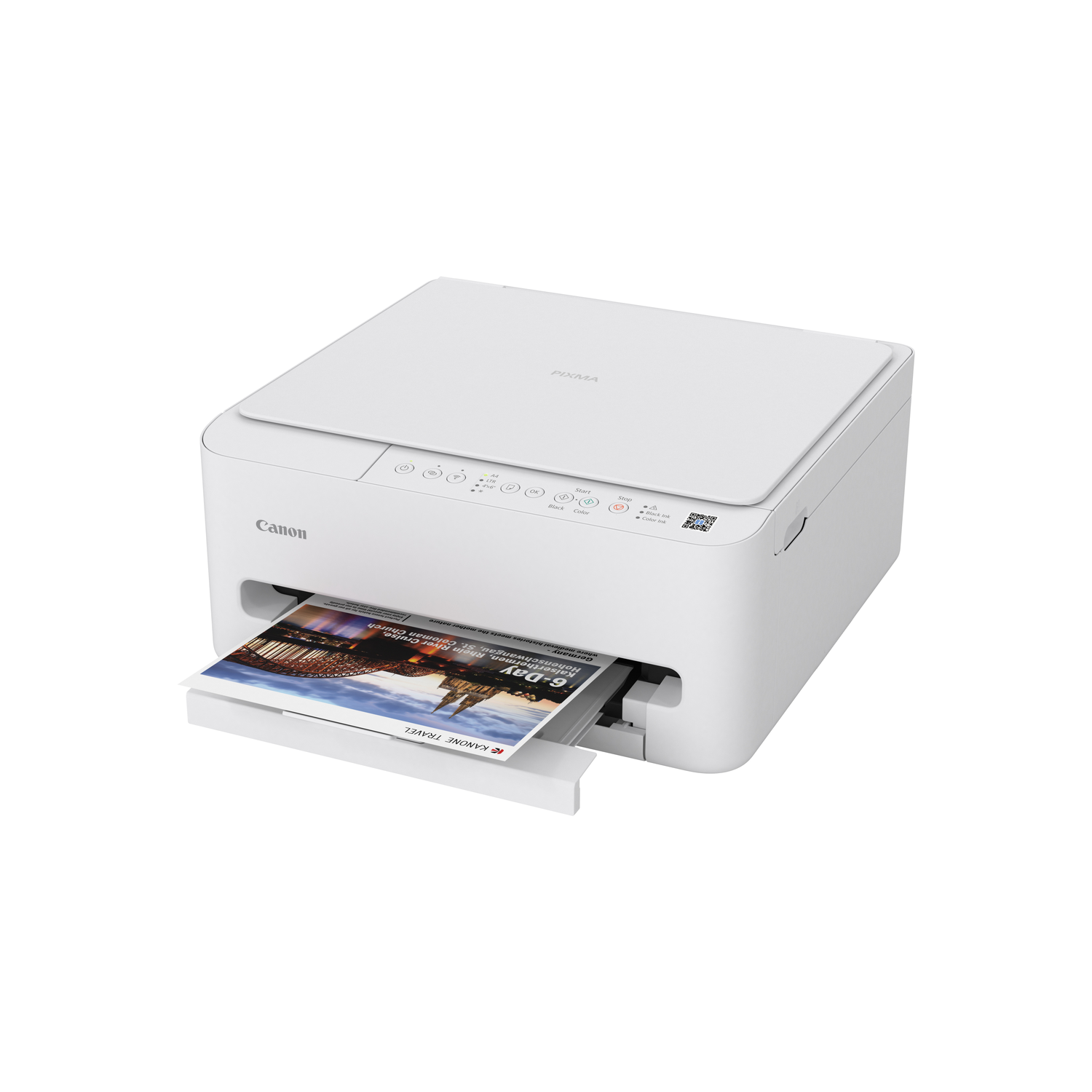 Een witte Canon Pixma printer print een reisbrochure. De brochure toont een kerk en de tekst '6-Day'.
