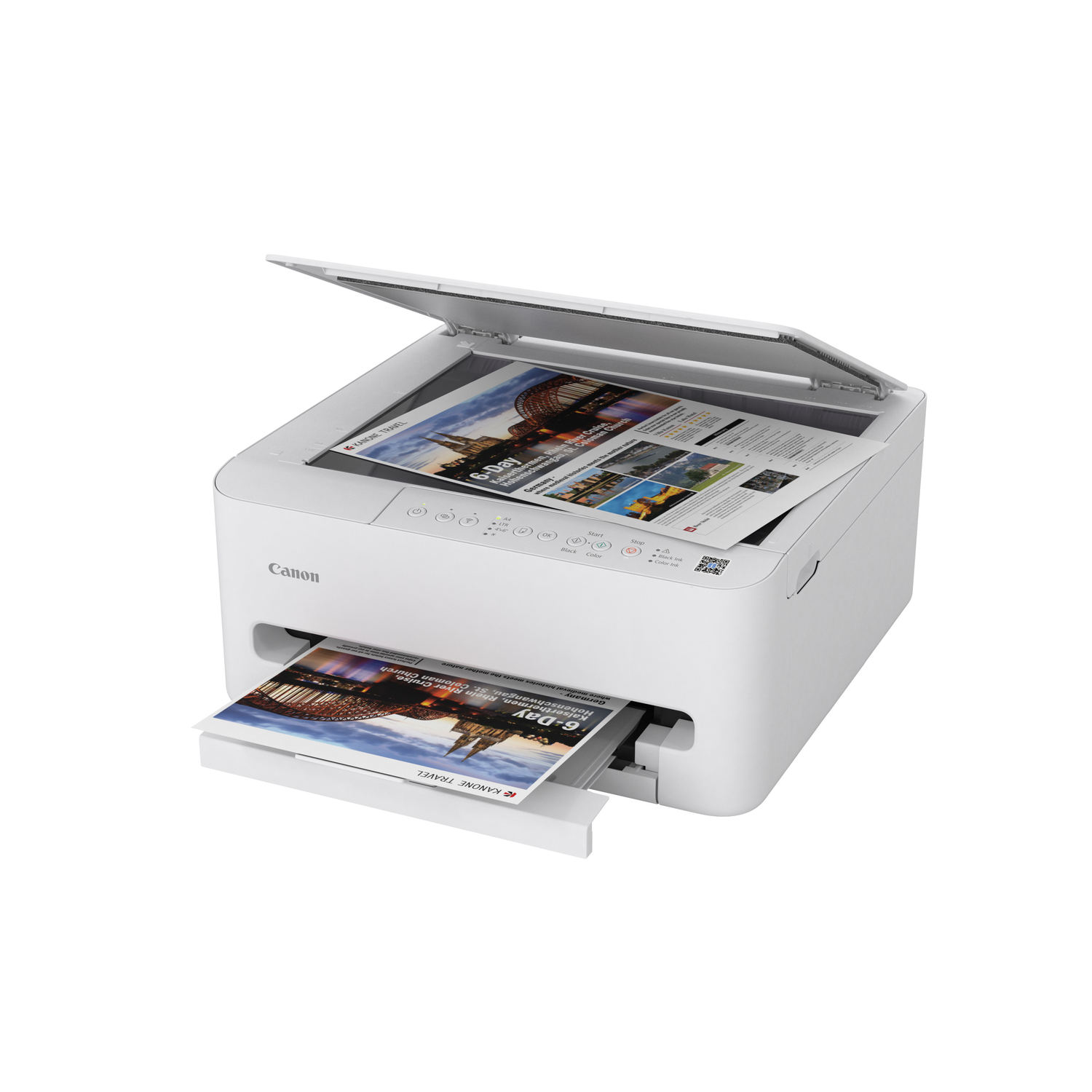 Een witte Canon-printer met een open bovenkant. Er zitten twee bedrukte papieren in, één op de lade en één in de scanner.