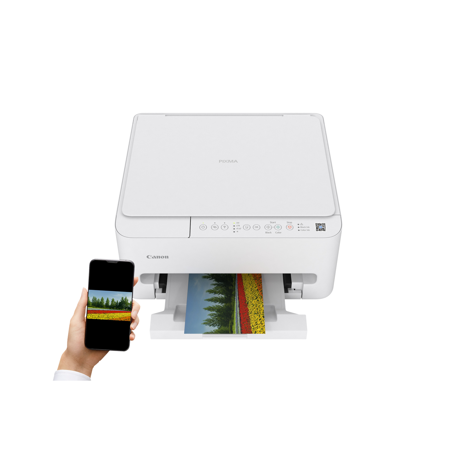 Een witte Canon-printer wordt getoond met een telefoon die een vergelijkbare afbeelding weergeeft. De printer print een kleurrijke afbeelding.
