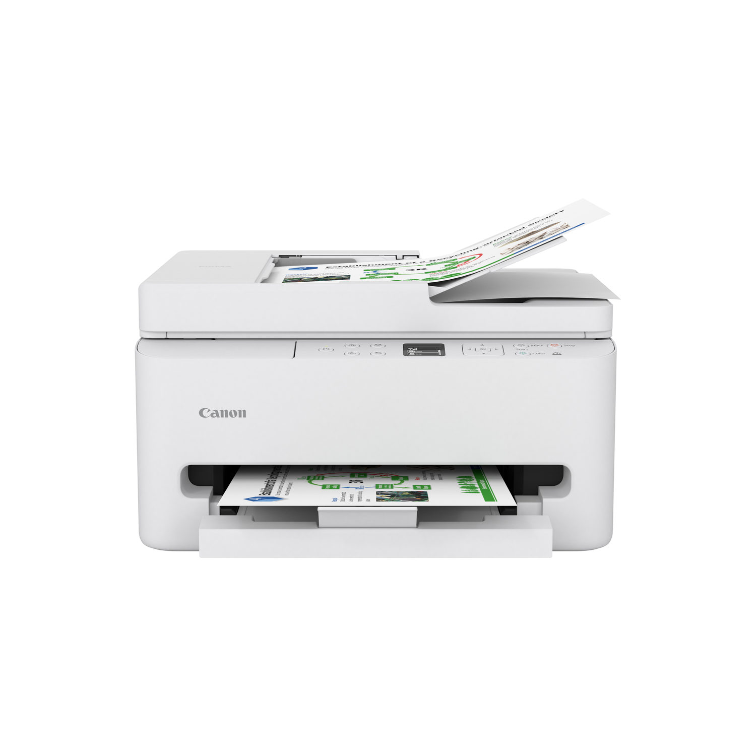 A white Canon printer with paper output. Documents are being printed and ejected. The printer is on a white background.