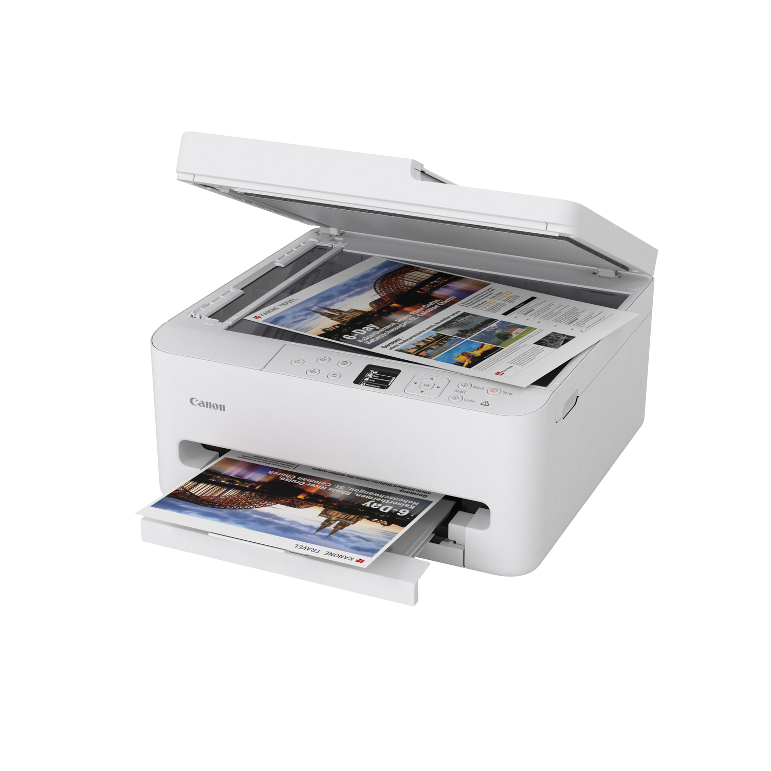A white Canon printer is open, revealing a document inside. A printed document is in the output tray.