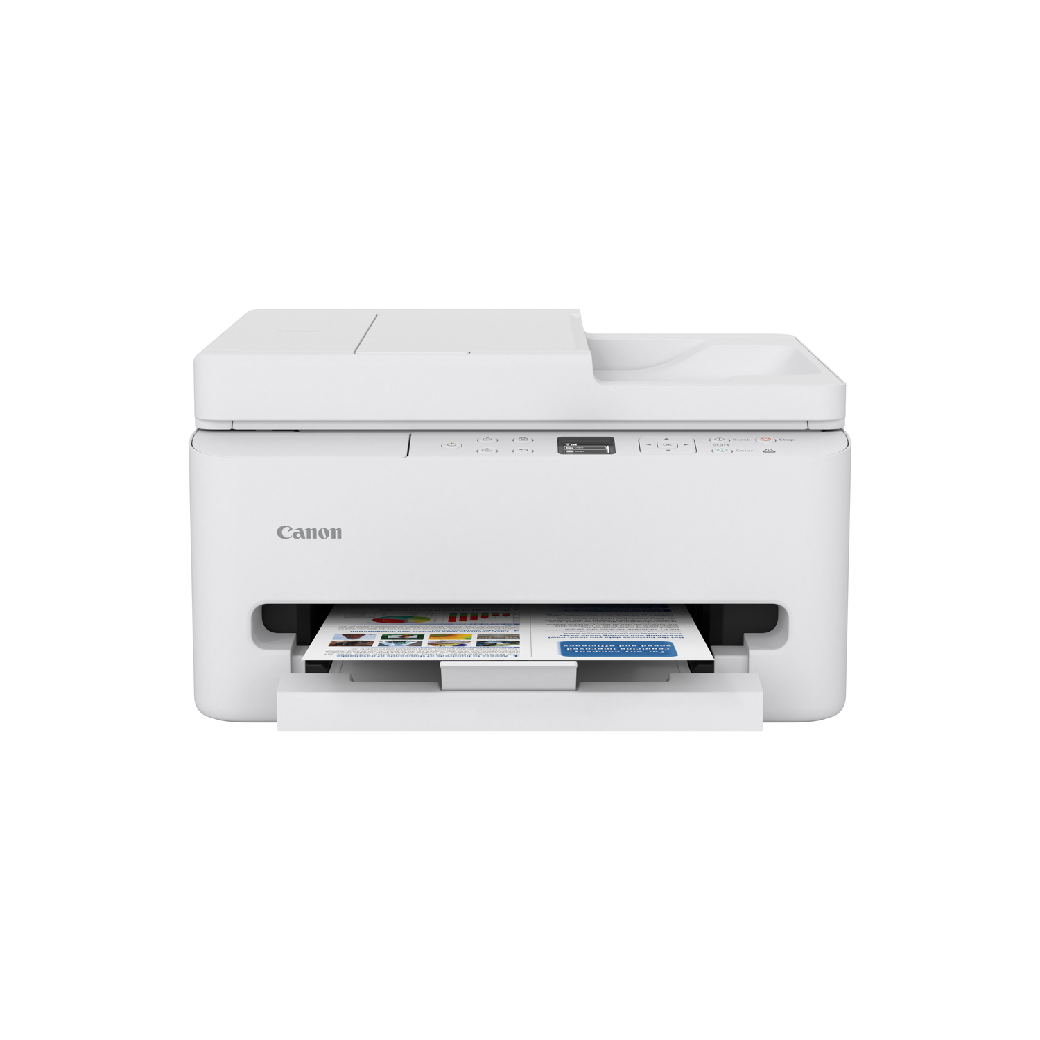 A white Canon printer with a document in the output tray. The printer has a scanner on top and control panel.