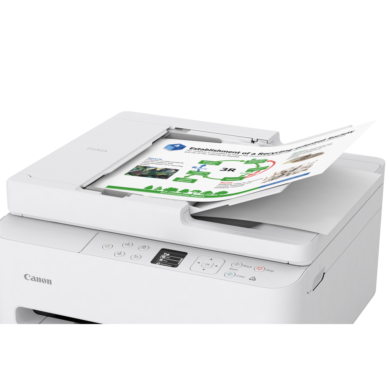 A white Canon Pixma printer is printing a report. The report has diagrams and text about recycling and environmental topics.