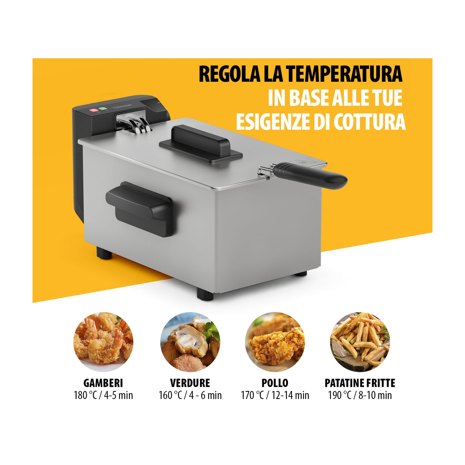 Una friggitrice con testo: Regola la temperatura. Sotto, esempi di fritti: gamberi, verdure, pollo e patatine fritte.