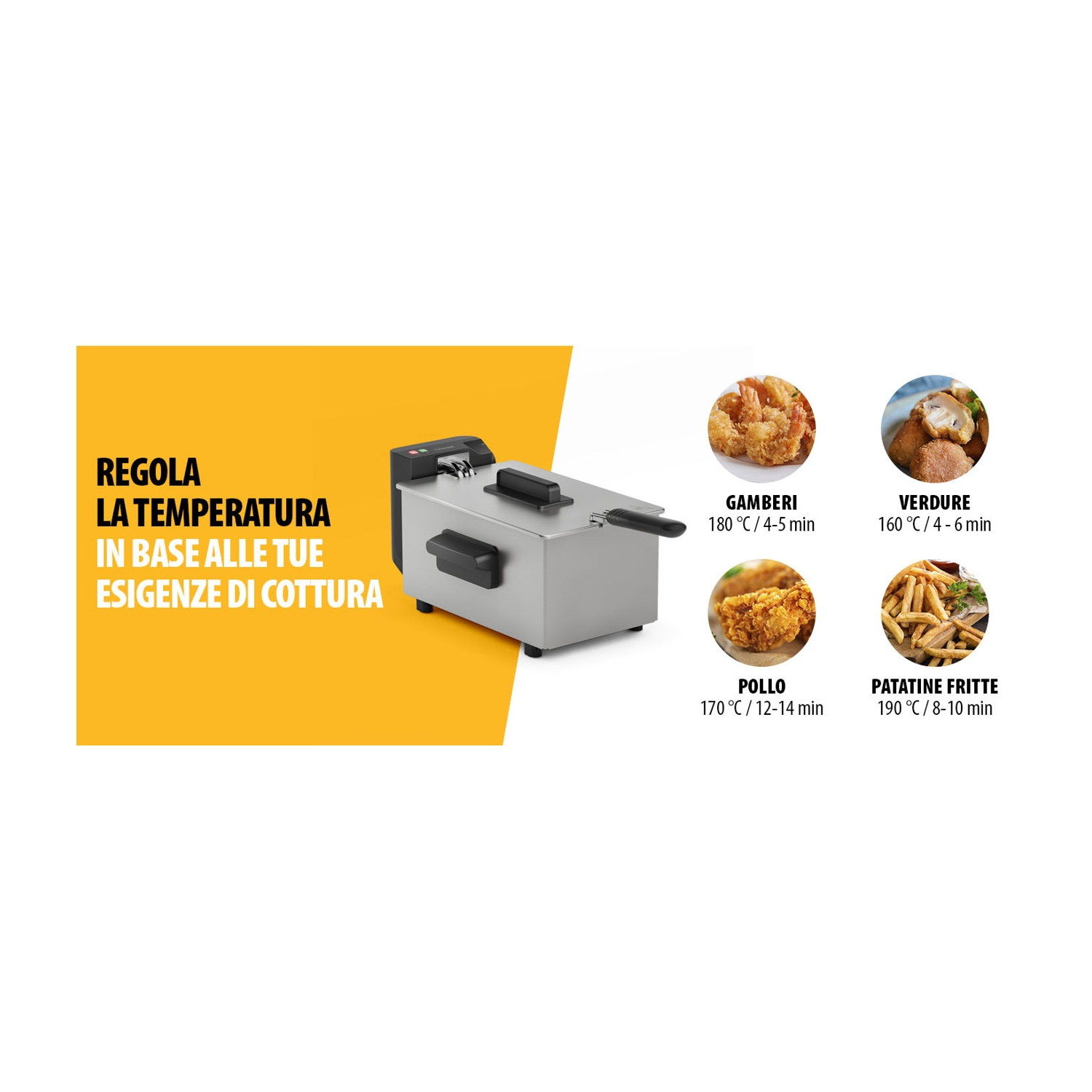 Una friggitrice elettrica con testo che indica le impostazioni di temperatura per cucinare gamberi, verdure, pollo e patatine fritte.