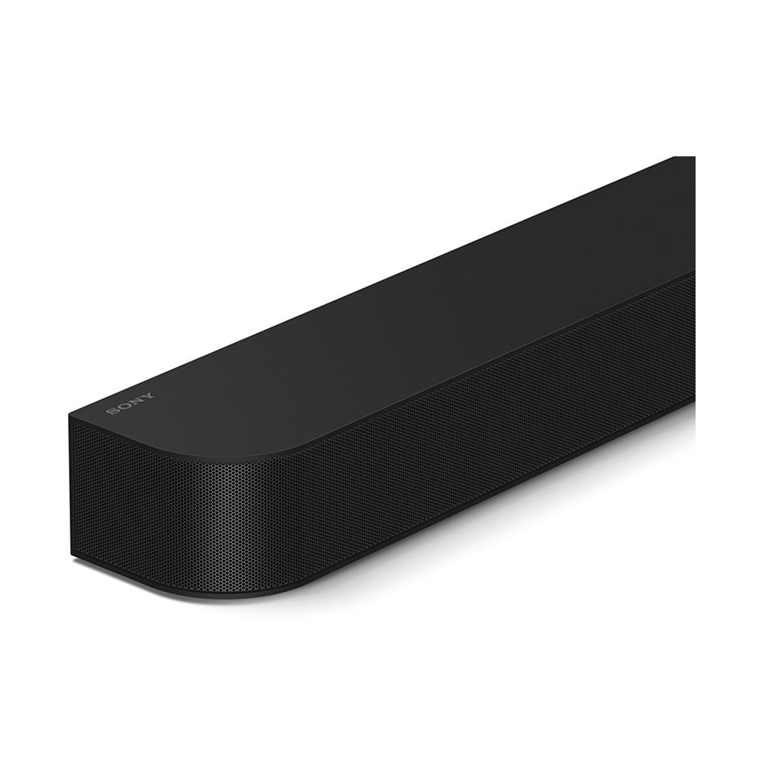 Una soundbar Sony nera. È rettangolare con angoli arrotondati. La parte anteriore ha una rete e la parte superiore è liscia. Lo sfondo è bianco.