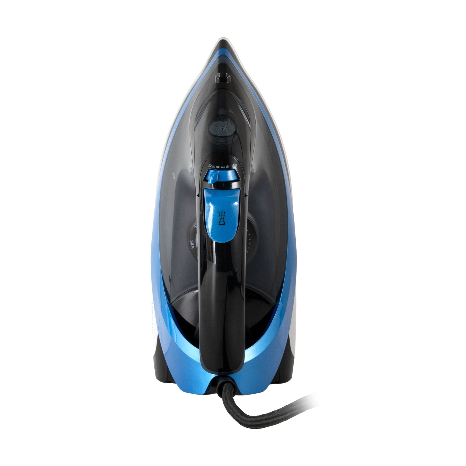 Un ferro da stiro blu e nero su sfondo bianco, con un cavo di alimentazione che si estende dal basso. Dettagli: pulsanti e icona spruzzo acqua.