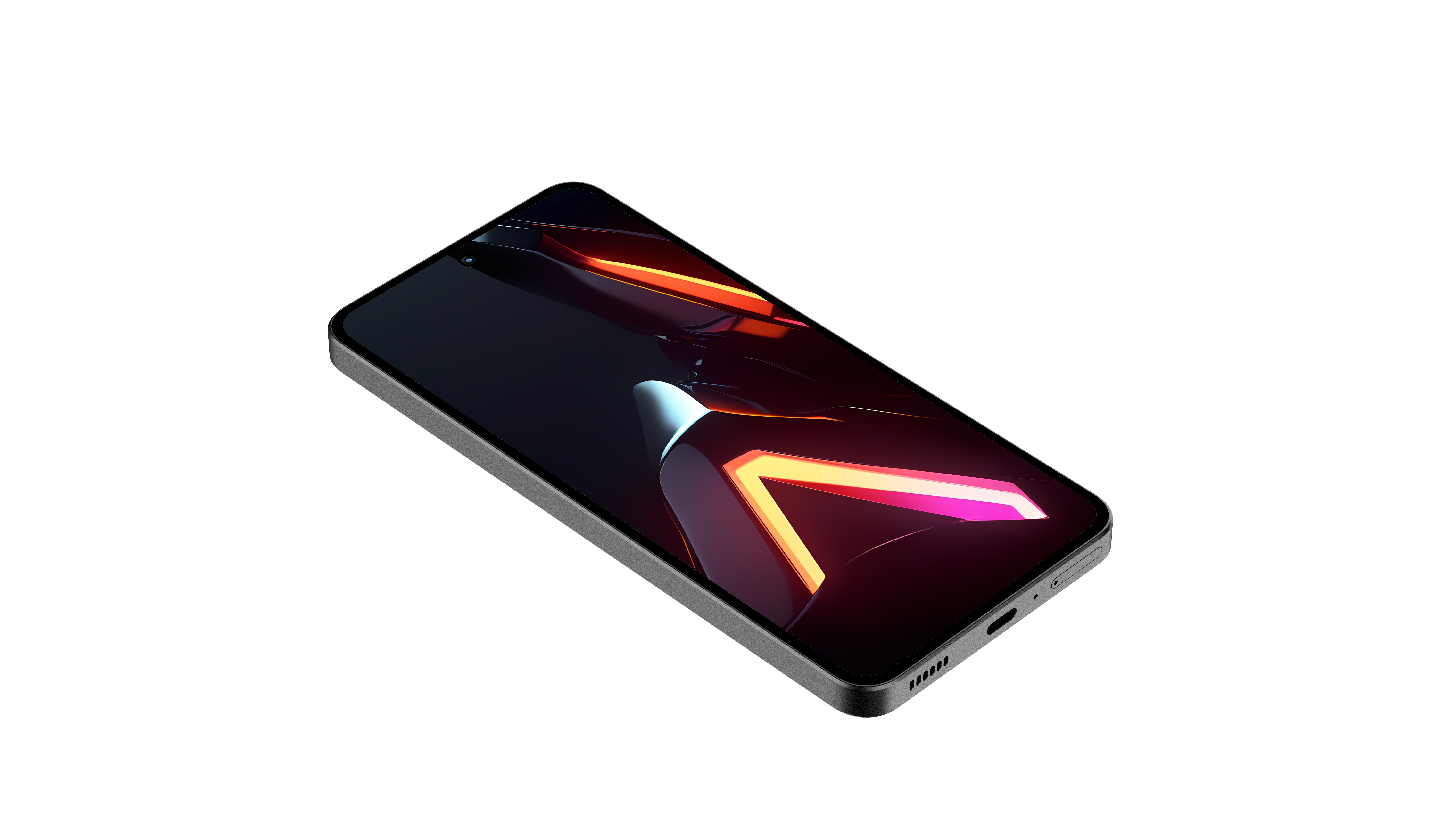 Ein Smartphone auf weißem Grund, das ein farbenfrohes, abstraktes Design zeigt. Das Telefon ist abgewinkelt.