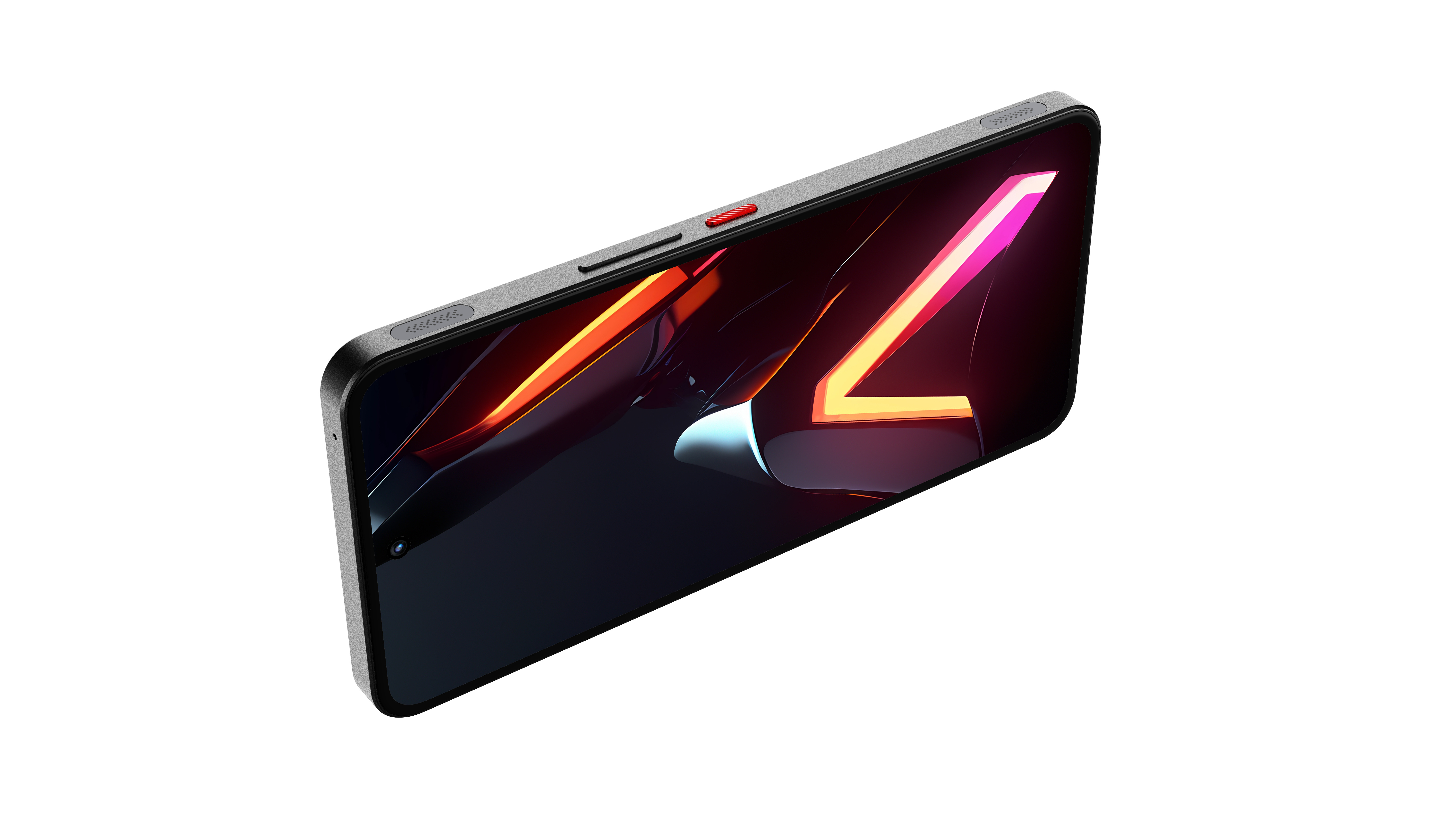 Ein schwarzes Smartphone mit hellem Bildschirm, der ein stilisiertes orangefarbenes und rosa Design zeigt. Das Telefon hat einen grauen Rahmen.