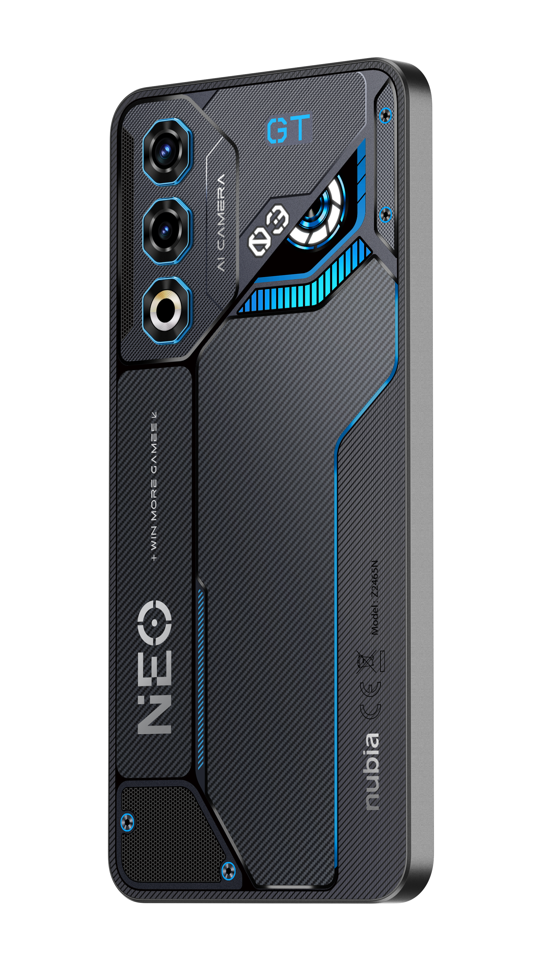 Dunkelfarbenes Smartphone mit Karbonfaserdesign, drei Kameras und blauem Akzent. Mit dem Text 'NEO' und 'GT'.