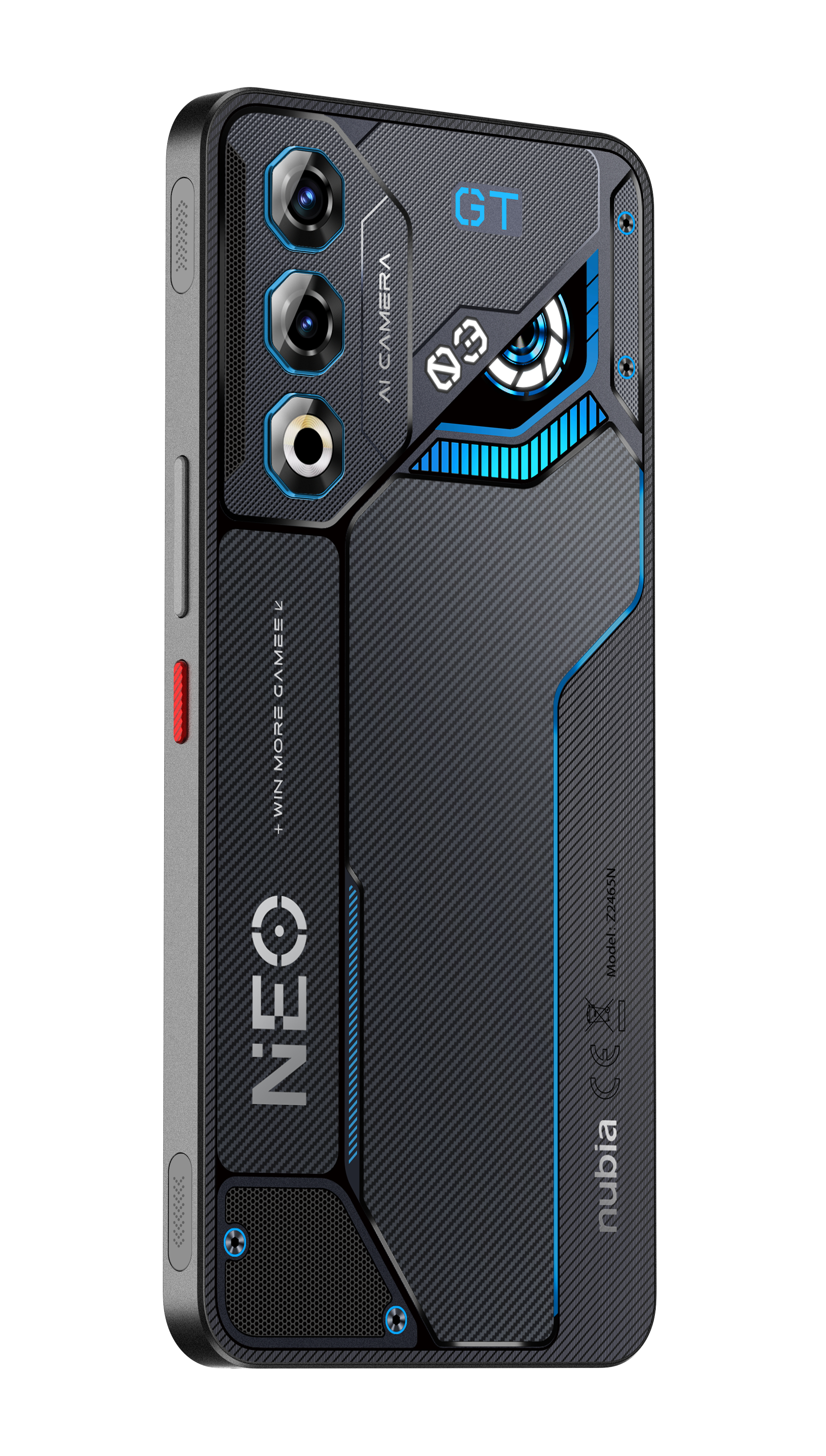 Eine schwarze Handyhülle mit blauen Akzenten zeigt das Wort „NEO“, Kameralinsen und ein Gaming-Design.