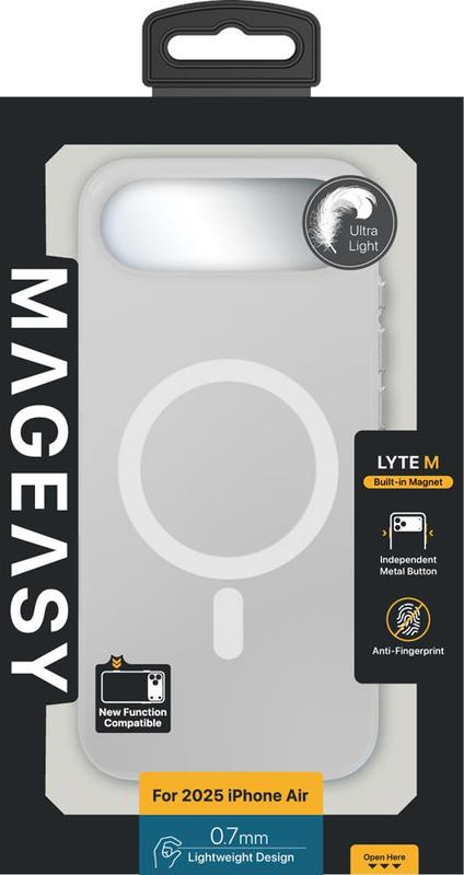 Egy telefontok csomagolása. Fehér, fekete díszítéssel. Jellemzői: 'Ultra Light', 'Built-in Magnet' és '0,7 mm Lightweight Design'.